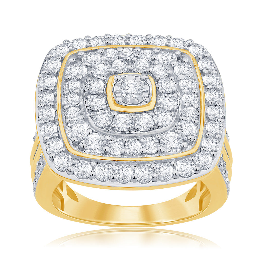 9ct Yellow Gold 3 Carat Cushion Cut Diamond Cluster Ring - Elegant Wedding Band, Anniversary Gift for Her, Perfect for Engagement & Special Occasions