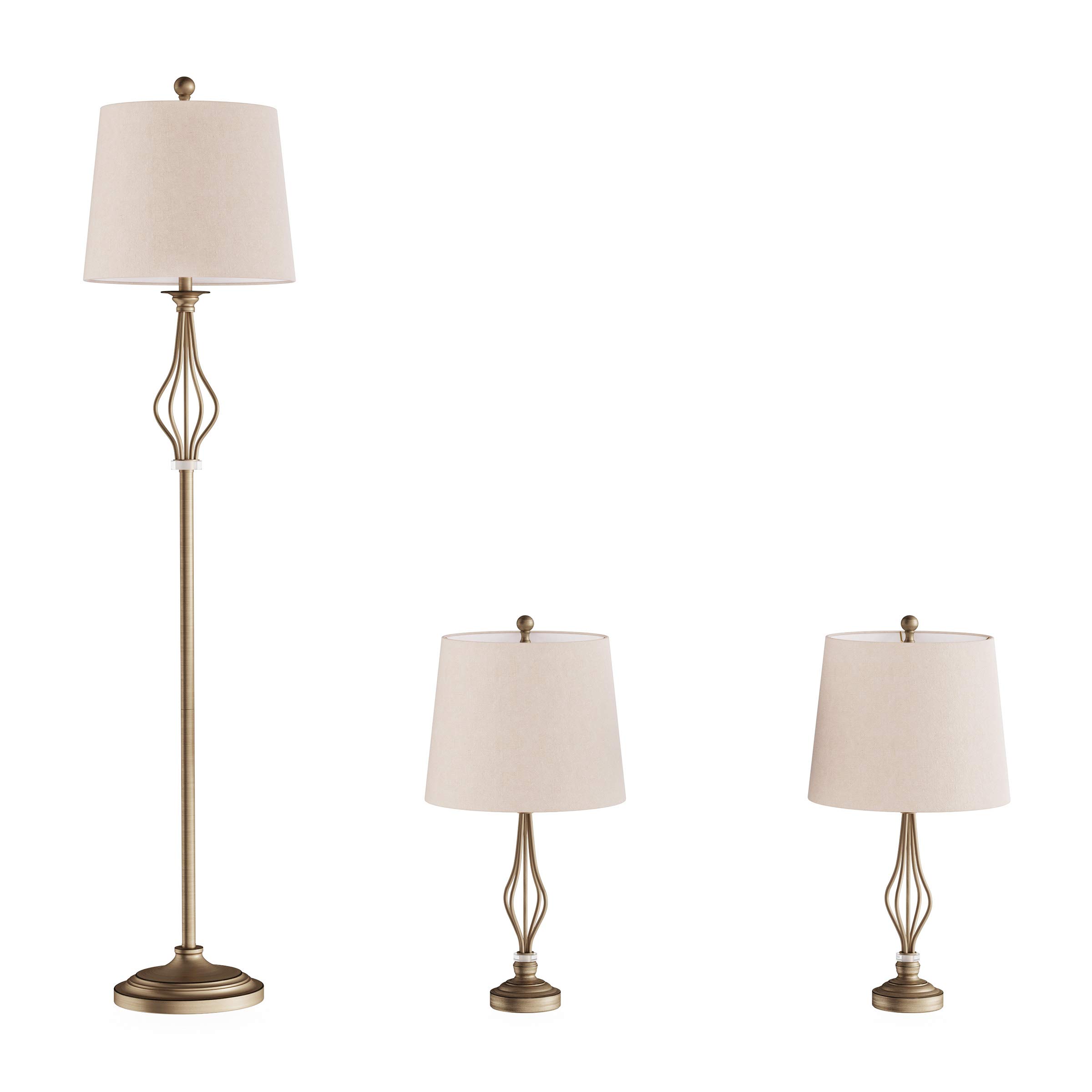 Stylish Set of 3 Matching Curved Openwork Steel Table and Floor Lamps for Living Room, Bedroom & Office - Energy Efficient LED Lighting - Perfect for Modern Home Decor, Reading Nook & Cozy Ambiance