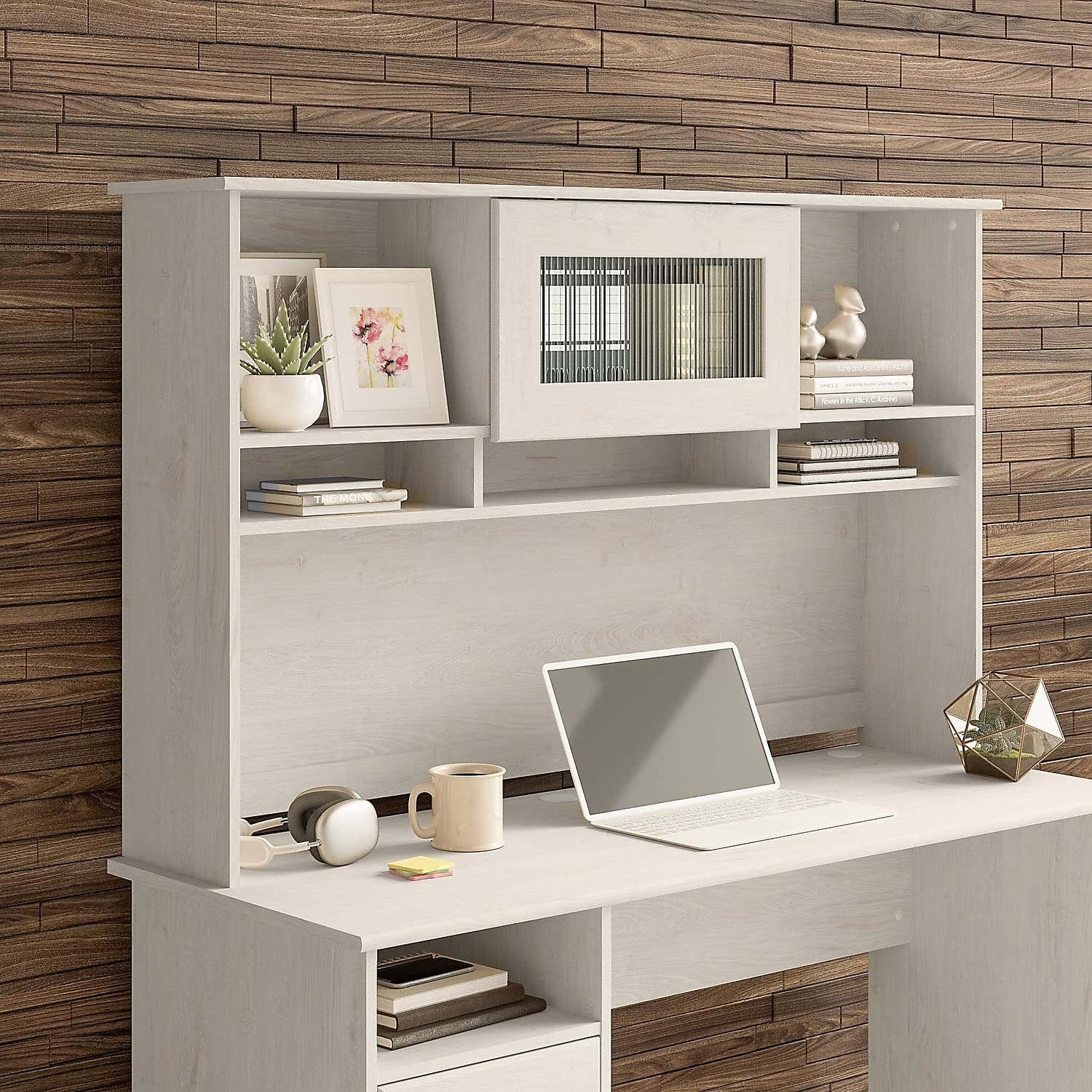 Bush Furniture Cabot 60W Linen White Oak Desk Hutch - Perfect for Home Office, Study Room & Workspace Organization