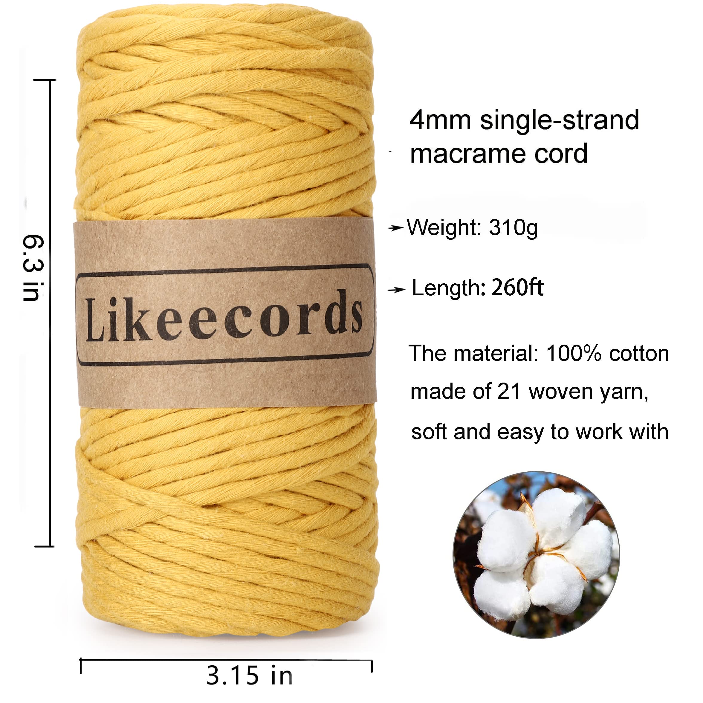 4mm Single Strand Macrame Cord 80m - Soft Cotton Rope for DIY Wall Hangings, Plant Hangers, Jewelry Making & Home Decor Crafts (Yellow) | Premium Macrame Yarn for Bohemian Style & Handmade Projects