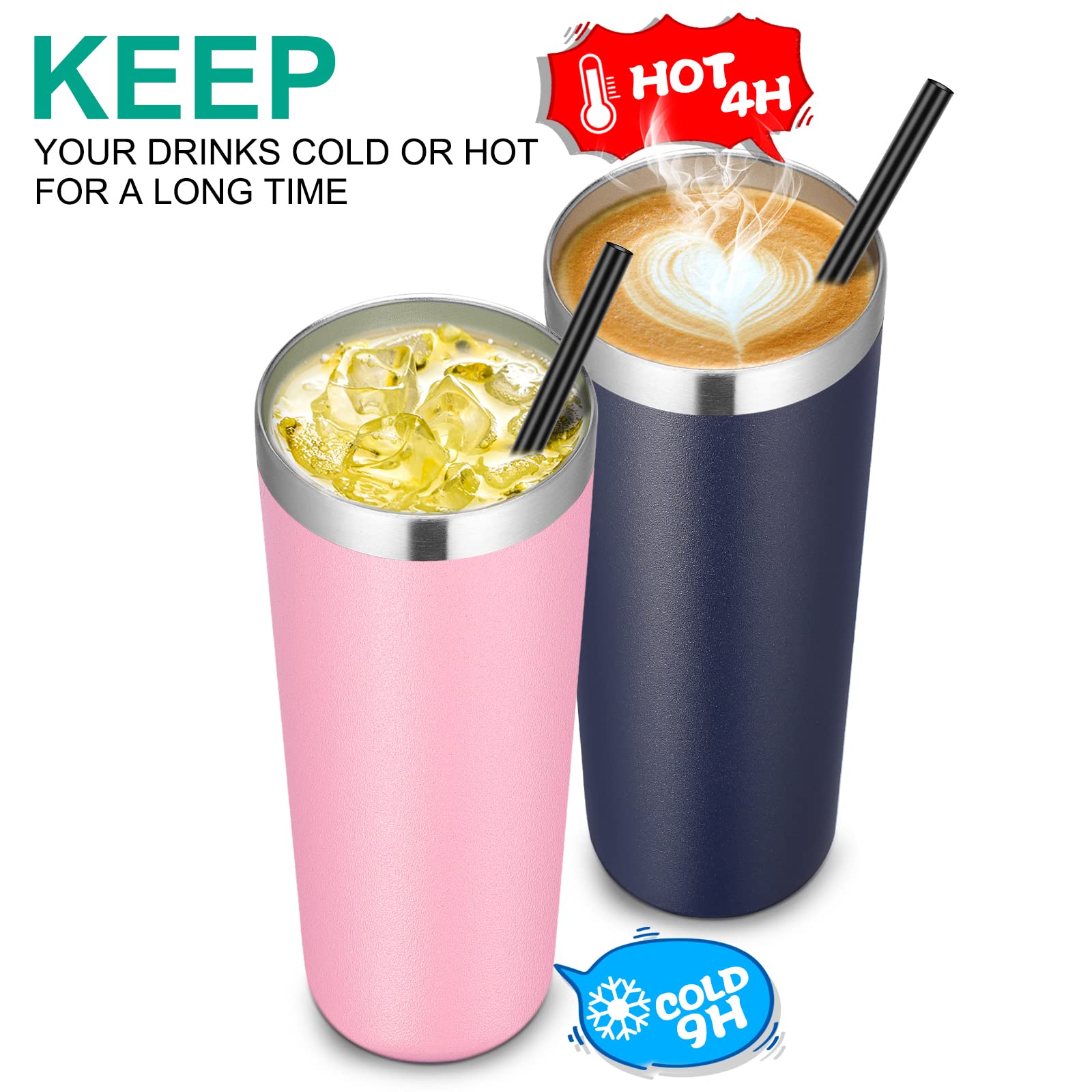 VEGOND 6-Pack 20oz Stainless Steel Vacuum Insulated Skinny Tumblers with Lid & Straw - Double Wall Coffee Mug, Travel Water Bottle, Navy Blue - Perfect for Office, Gym, Hiking and Outdoor Activities