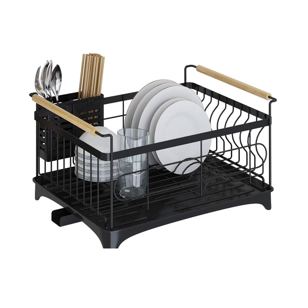Stainless Steel Dish Drying Rack with Wooden Handle & Removable Cutlery Tray - Adjustable Swivel Spout Mesh Storage Basket (15.7x12.2x9.1 Inch) - Perfect for Kitchen Countertop, Sink Side & Small Space Organization