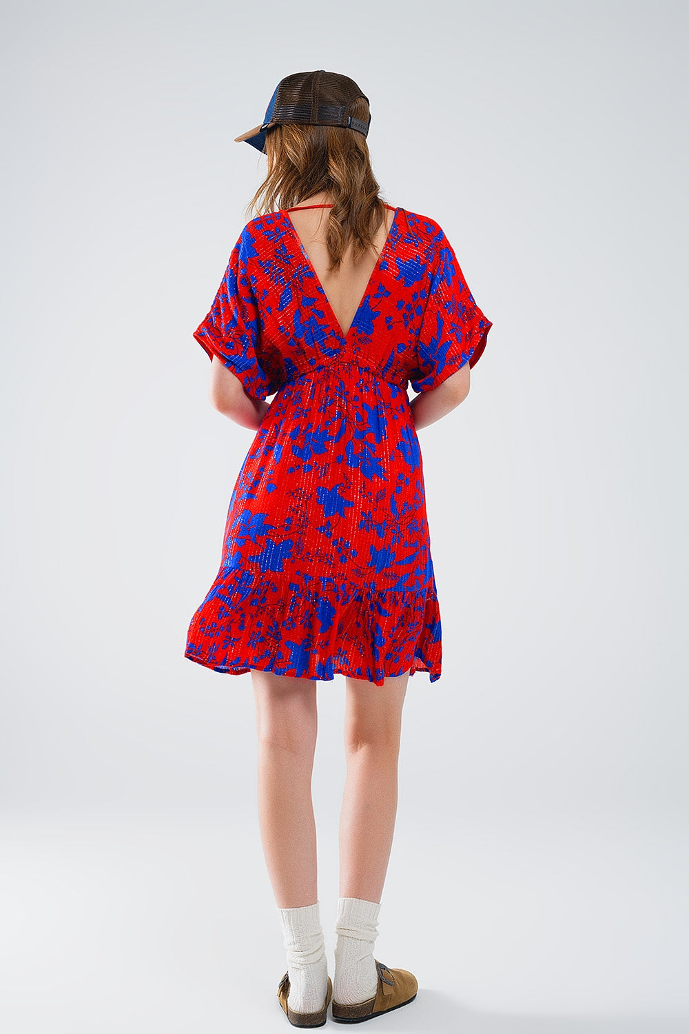 Elegant Short Flowy Red Robe with Blue Floral Print - Perfect for Loungewear, Spa Days & Relaxing at Home