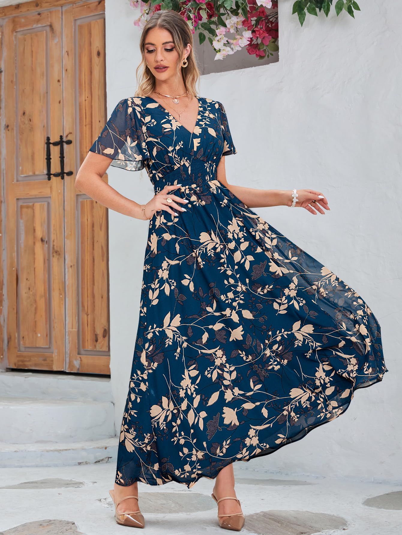 Boho Floral Maxi Dress for Women - Flowy Casual V-Neck Short Sleeve Wedding Guest Dress | Perfect for Beach Holidays, Summer Vacations & Special Occasions