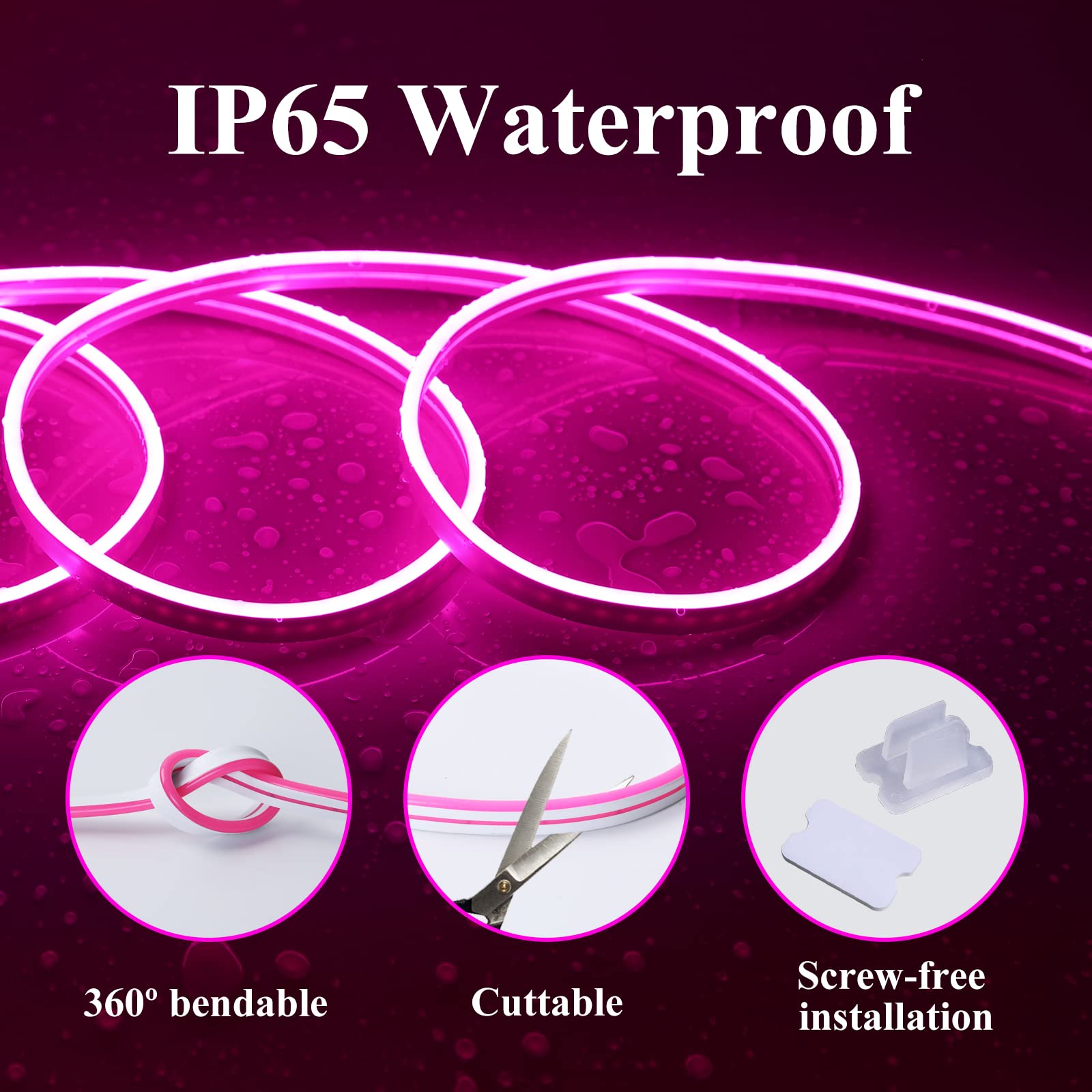 16.4ft Pink Neon LED Strip Lights - Waterproof 12V Flexible Rope Light for Indoor/Outdoor Decor, Bedroom, Party, Bar, Wedding & Holiday Lighting (Cuttable, Power Adapter Not Included)