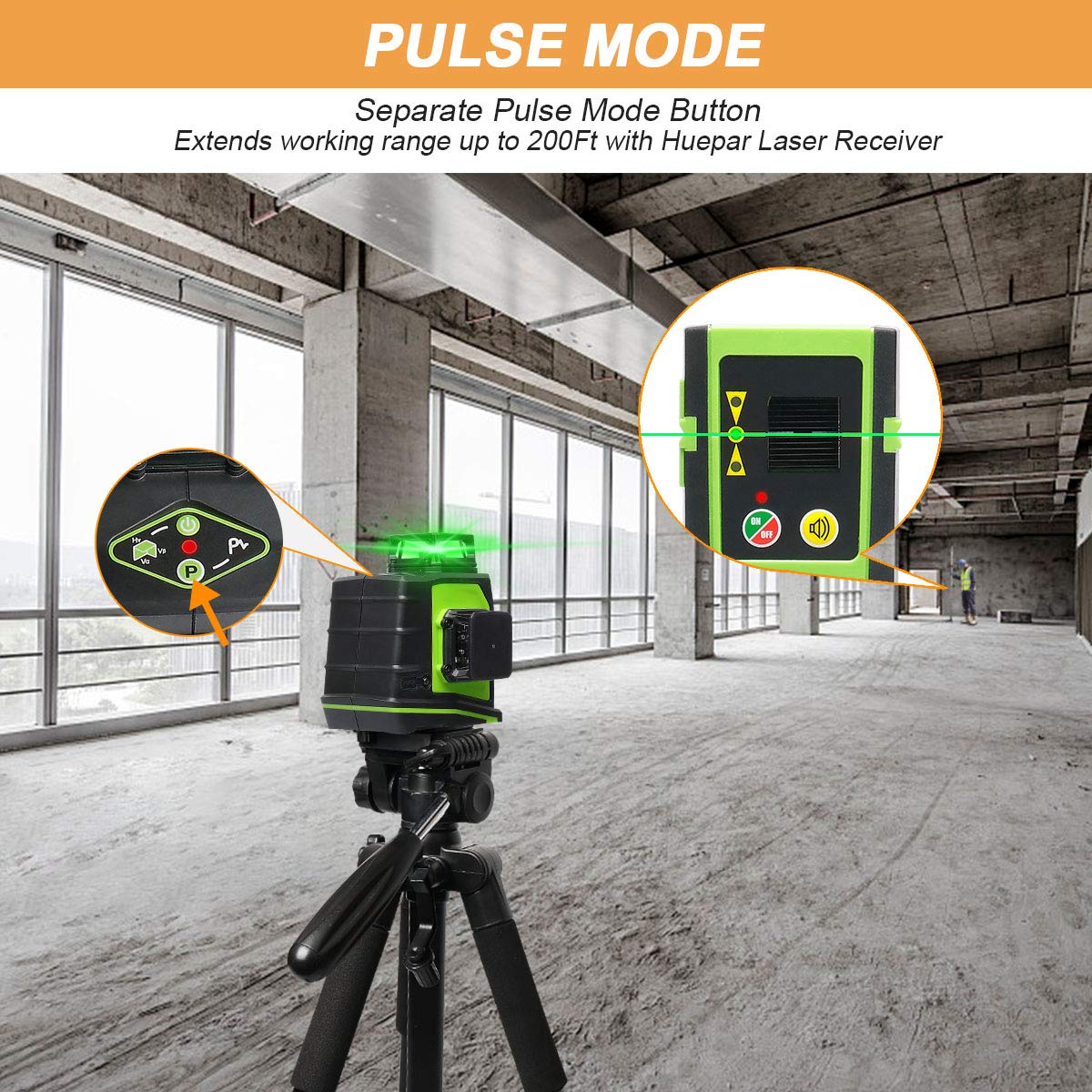 Huepar GF360G 3D Green Beam Self-Leveling Laser Level with 3 x 360° Cross Lines - Two Vertical & One Horizontal Plane Alignment Tool - Magnetic Pivoting Base for Construction, Tiling, and DIY Projects