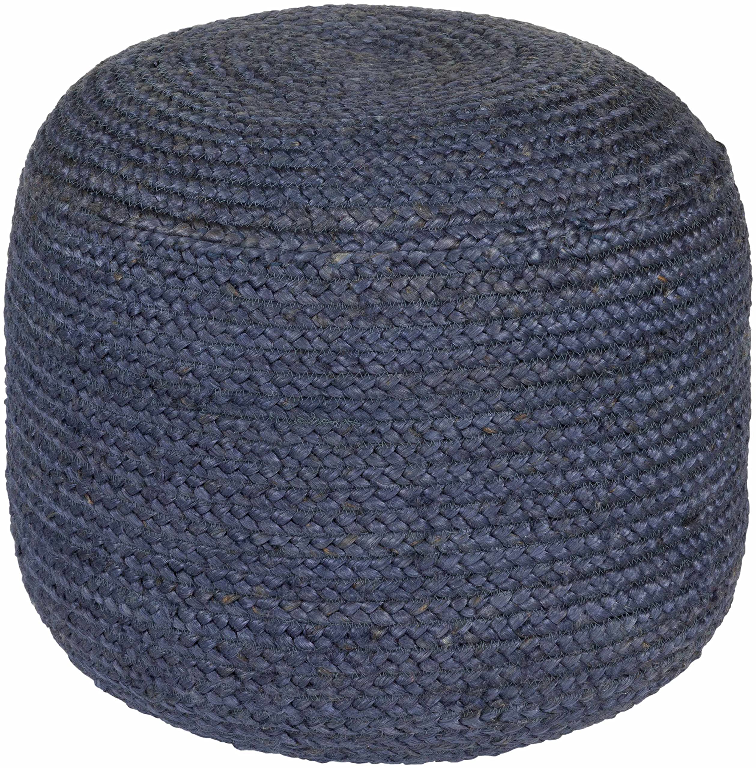Hauteloom Gail Natural Wicker Jute Round Pouf Ottoman - Braided Woven Foot Stool with 100% Polybead Fill - Dark Blue Cylinder Ottoman 19.75