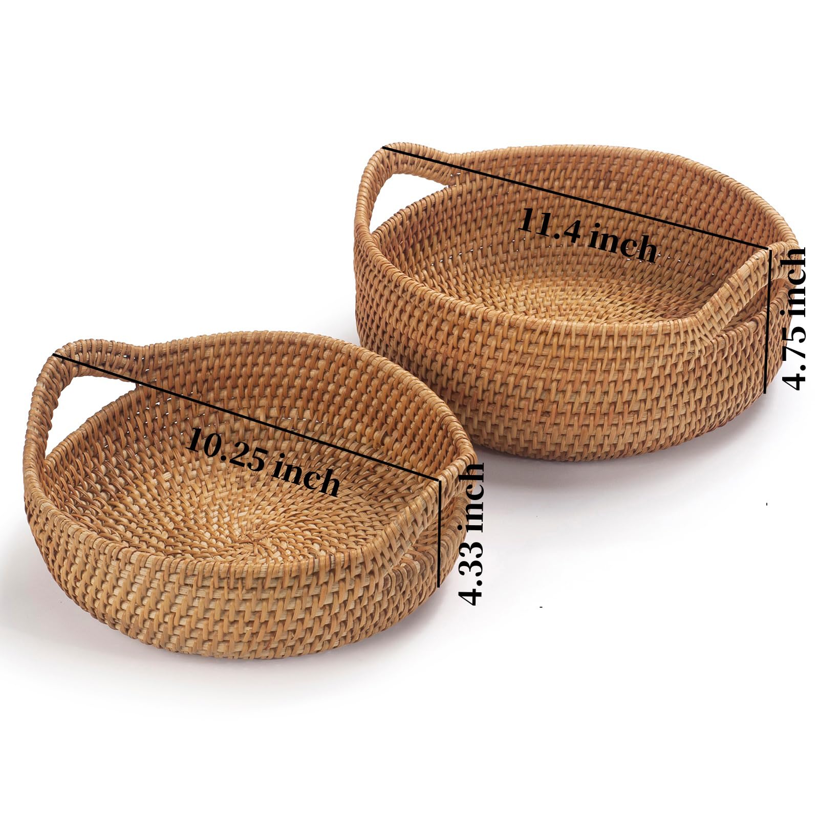 Handwoven Rattan Storage Basket with Handles - Set of 2 for Fruit, Bread & Home Organization | Perfect for Kitchen, Dining Room & Farmhouse Decor