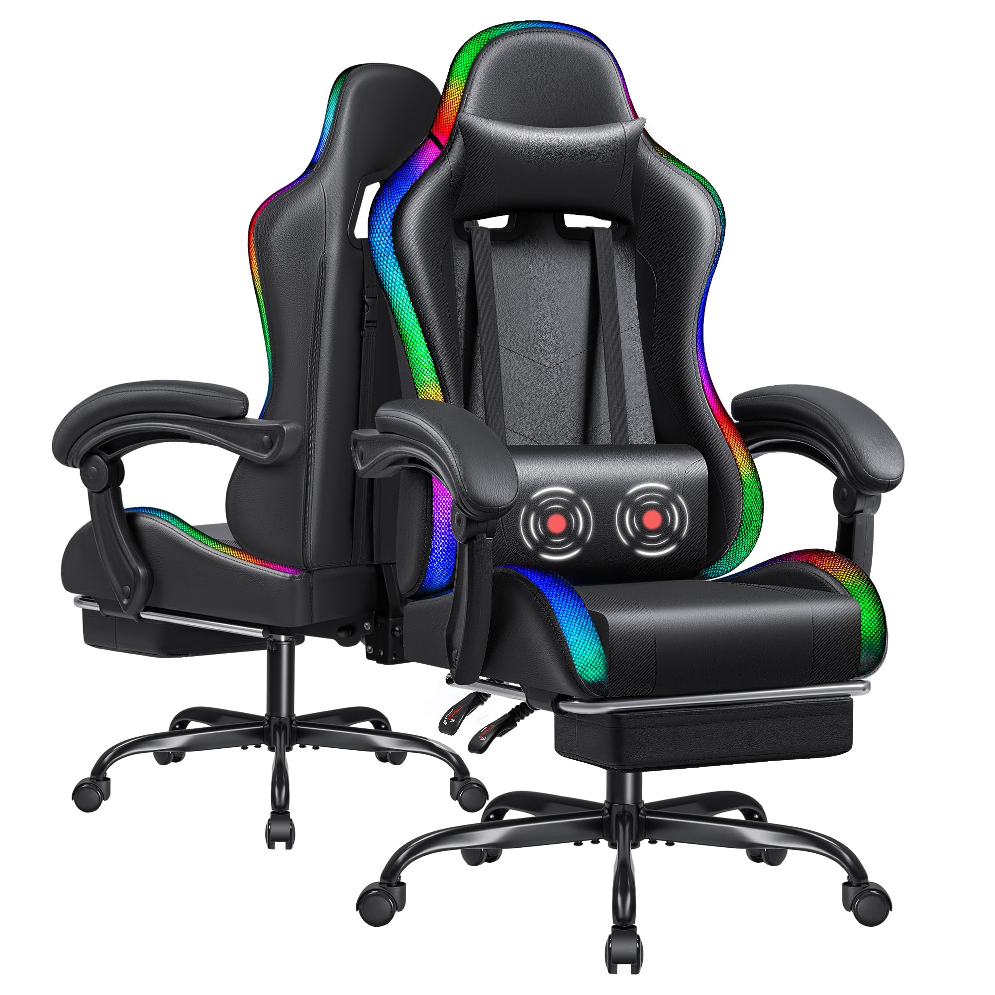 Furmax Ergonomic Gaming Chair with RGB LED Lights, Massage & Footrest - High Back Reclining Computer Chair with Headrest & Lumbar Support - Swivel Gamer Chair for PC, Console & Office (LED Black) - Perfect for Esports, Streaming & Long Gaming Sessions