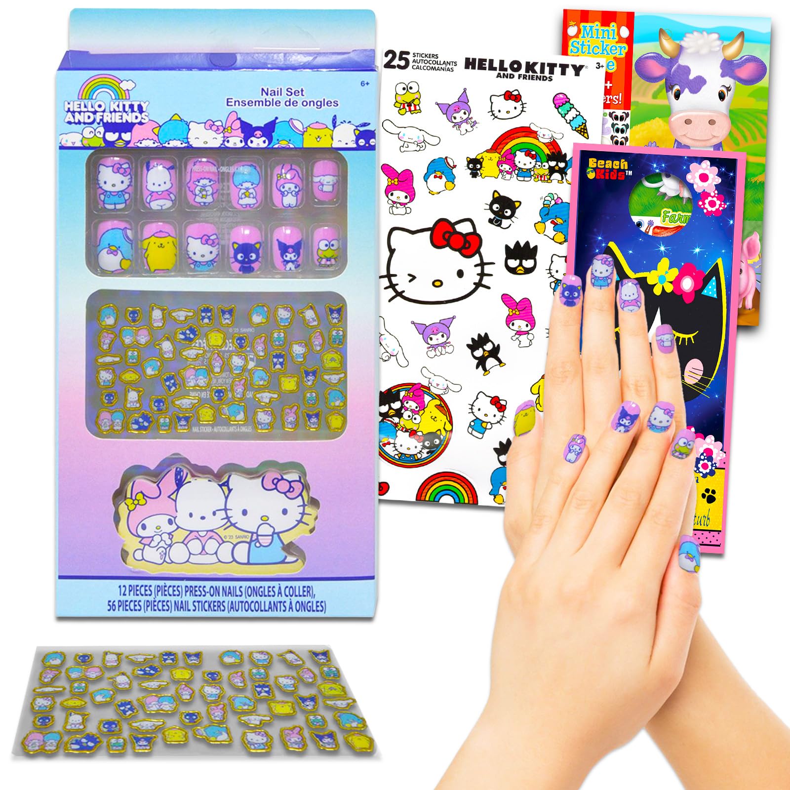 Hello Kitty Press-On Nails for Kids - 12 Piece Stick-On Nails Kit with Nail Art Stickers | Cute Artificial Nails for Girls Birthday Party, Play Date & Dress Up