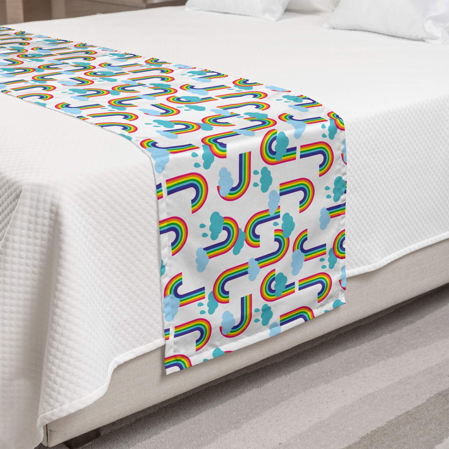 Ambesonne Cartoon Bed Runner with Rainbow and Cloud Sky Pattern - Decorative Queen Size Bed Scarf for Hotels, Homes & Guest Rooms in Off White & Multicolor | Perfect for Kids' Bedrooms, Nursery Decor & Themed Guest Rooms