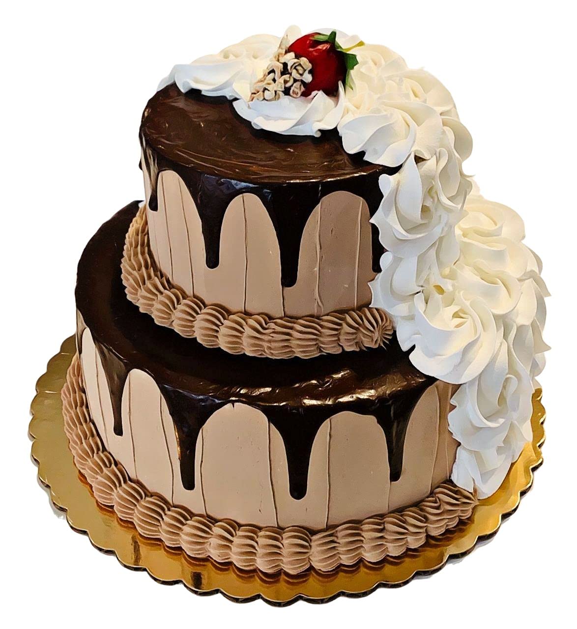 2-Tier Fake Wedding Cake with Chocolate & White Rosette Drizzle on 10