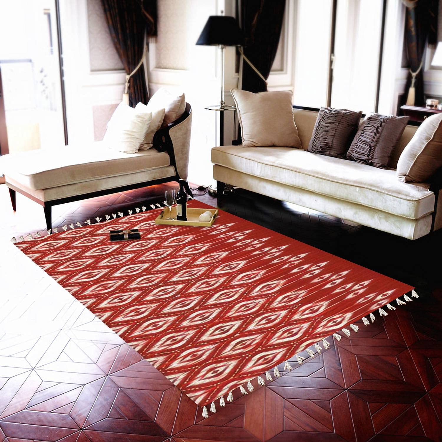Handmade Boho Rug - Abstract Ikat Pattern, Traditional Area Carpet for Living Room, Bedroom, Patio & Hallway | Indoor/Outdoor Minimalist Home Decor | Perfect for Bohemian, Farmhouse & Modern Style Homes