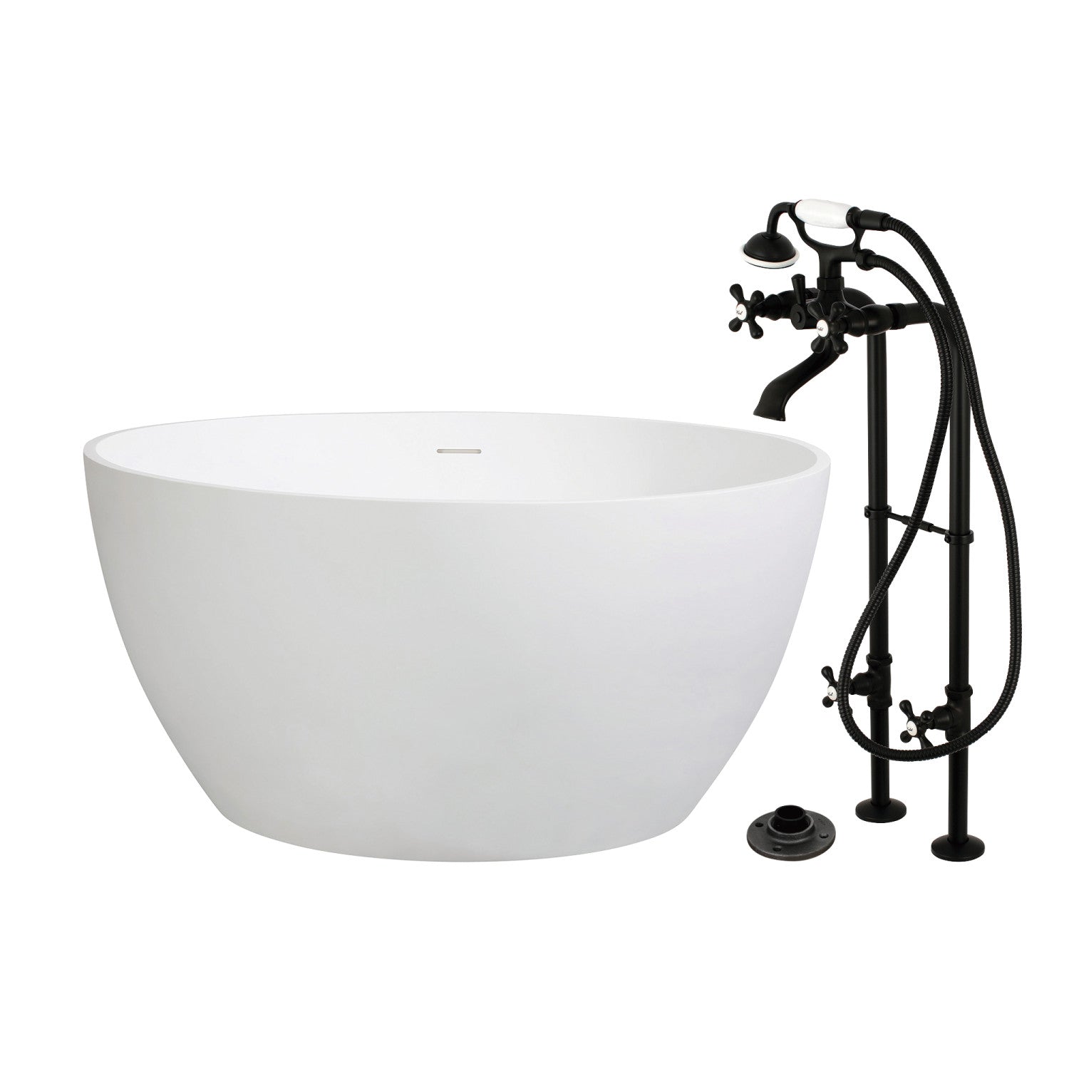 Arcticstone 45 Inch Freestanding Bathtub with Faucet - Matte Black Solid Surface Round Double Ended Soaking Tub for Luxury Bathroom & Spa Relaxation