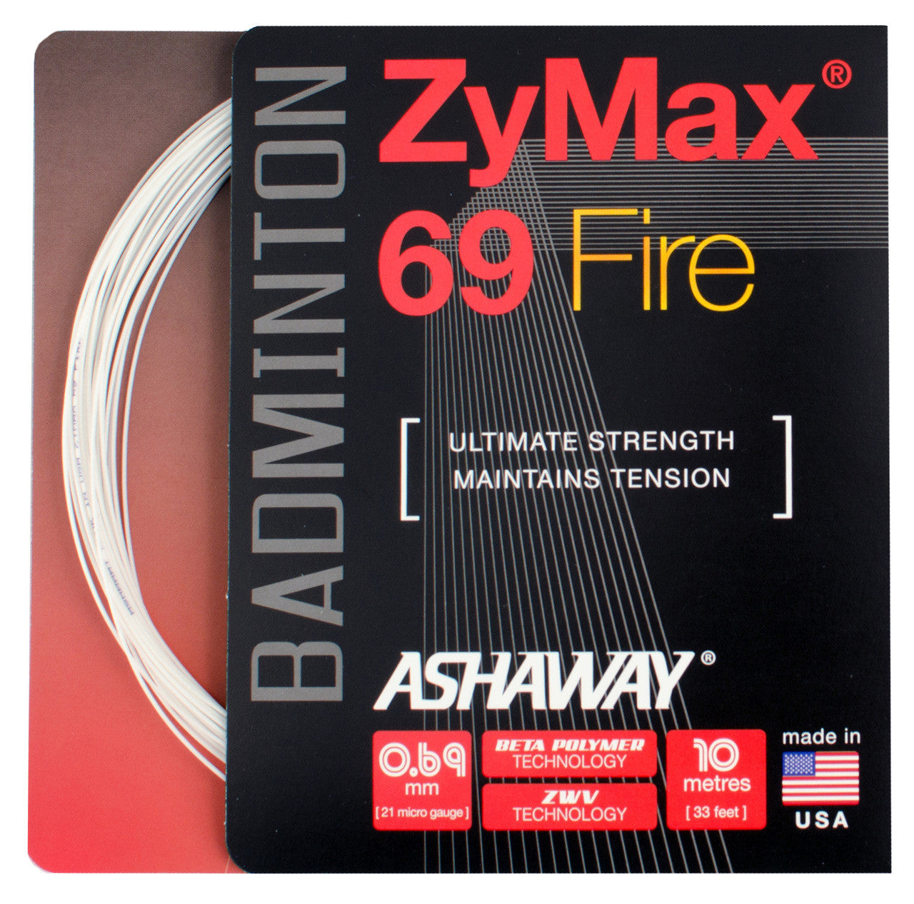 Ashaway Zymax 69 Fire Badminton String (10m) - High Performance Badminton Racket String for Power & Control - Perfect for Competitive Play & Training