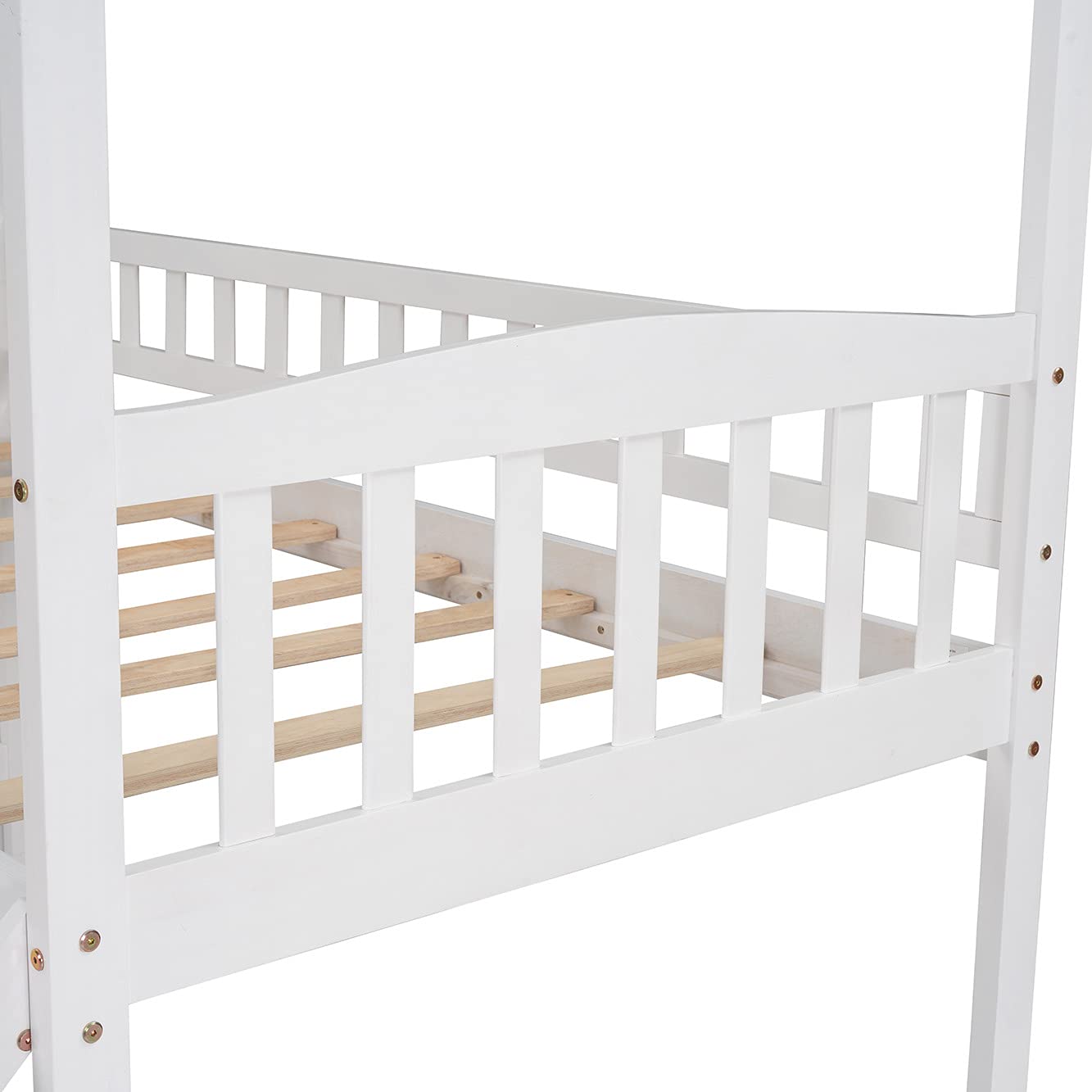 **Kids Twin Loft Bed with Slide & Storage - Solid Wood House Loft Bed with Pitched Roof, Guardrails, 3-Step Stairs & 2 Drawers (White & Wood) - Perfect for Small Bedrooms, Playrooms & Sleepovers**