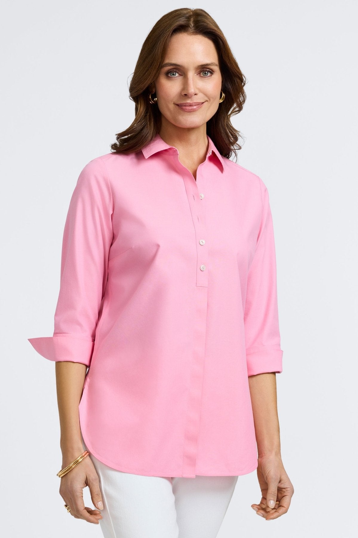 Madison No Iron Pinpoint 3/4 Sleeve Tunic Shirt for Women - Wrinkle-Free Office Wear & Casual Outfits - Perfect for Work, Travel and Everyday Comfort