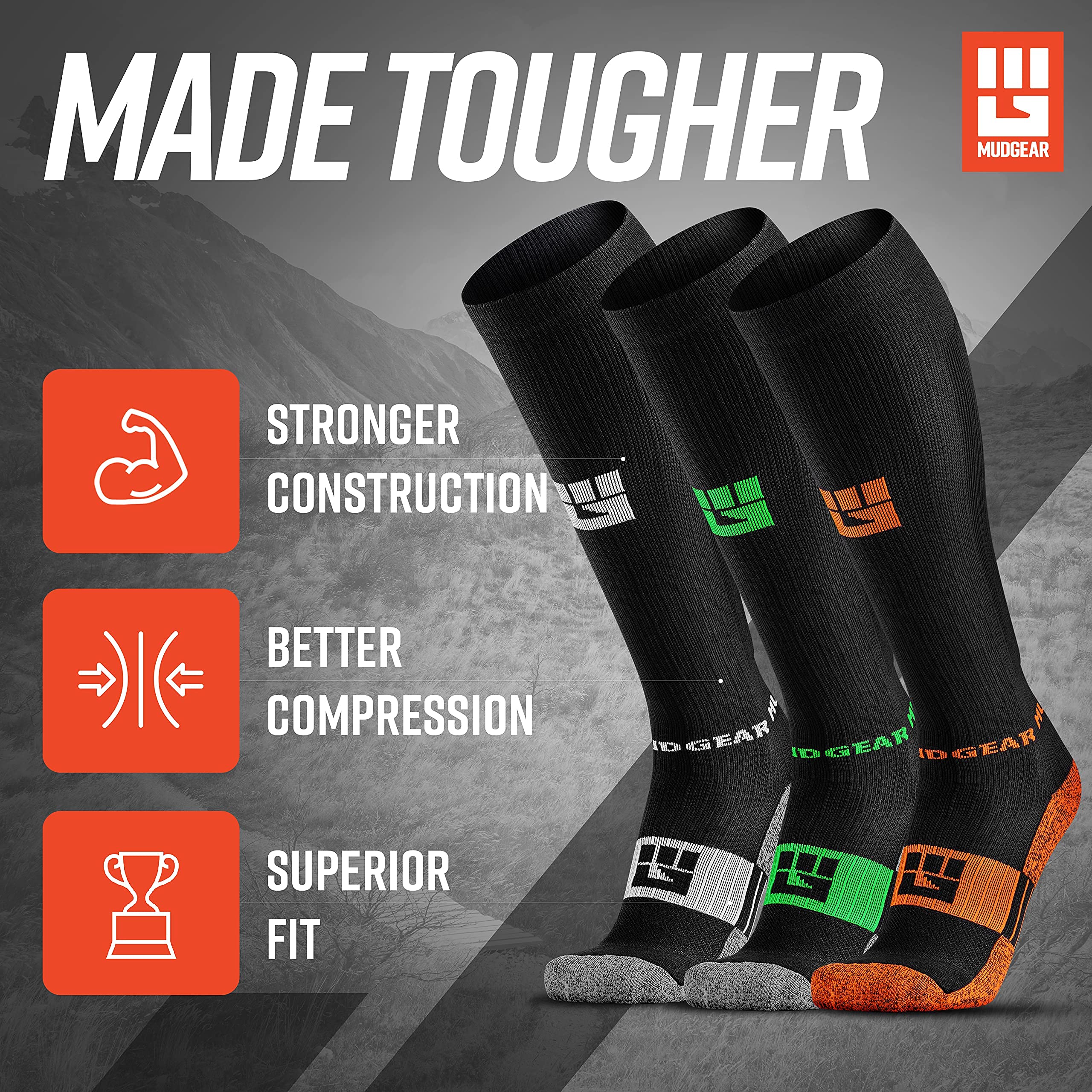 Premium Compression Socks 3-Pack for Running, Hiking & Recovery - Medium Size (Black/Gray, Black/Green, Black/Orange) - Improve Circulation & Reduce Swelling for Athletes, Travelers & Nurses