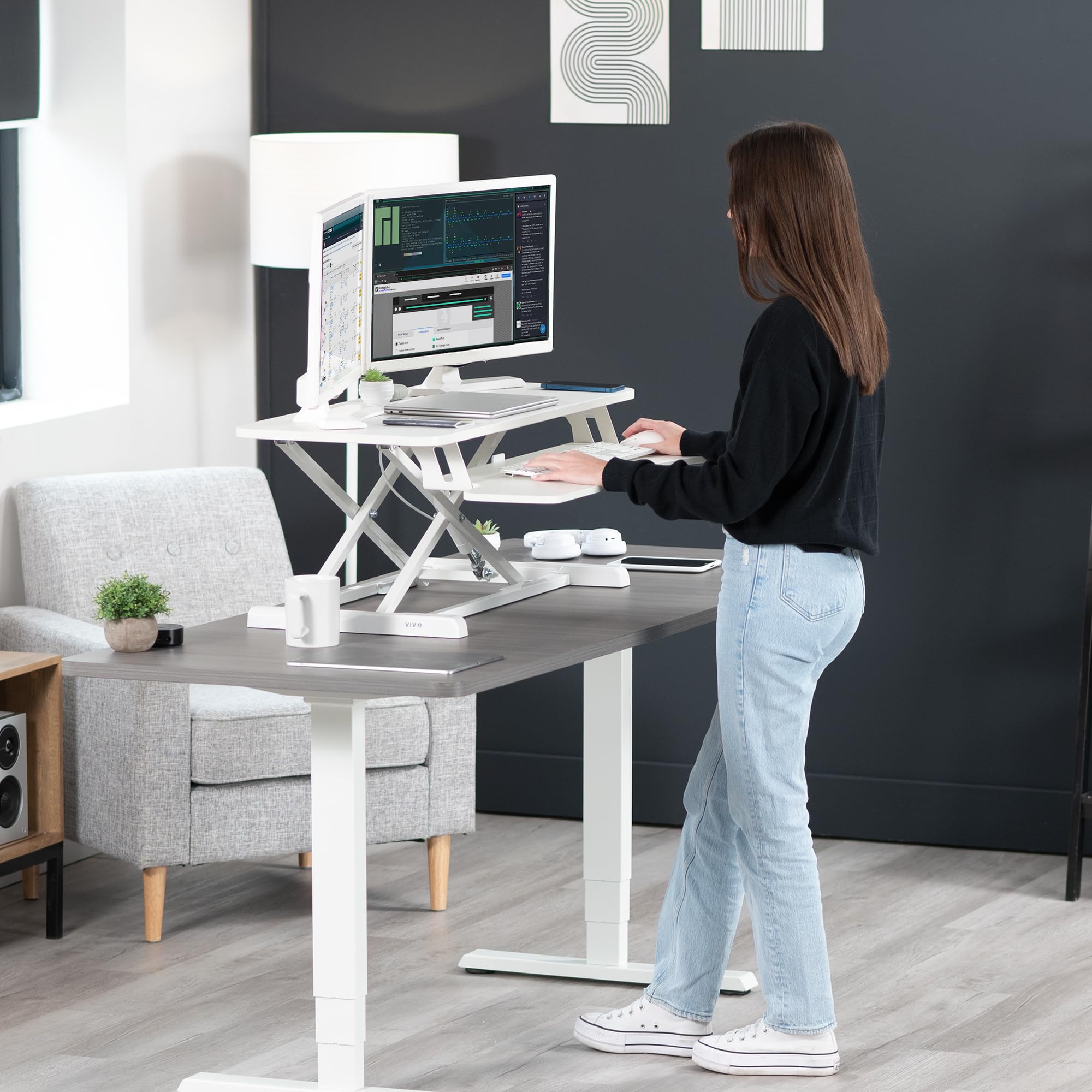 VIVO K Series 36 Inch Height Adjustable Sit Stand Desk Converter - Dual Monitor & Laptop Workstation with Wide Keyboard Tray, White (DESK-V036KW) - Perfect for Home Office, Gaming Setup & Ergonomic Workspace