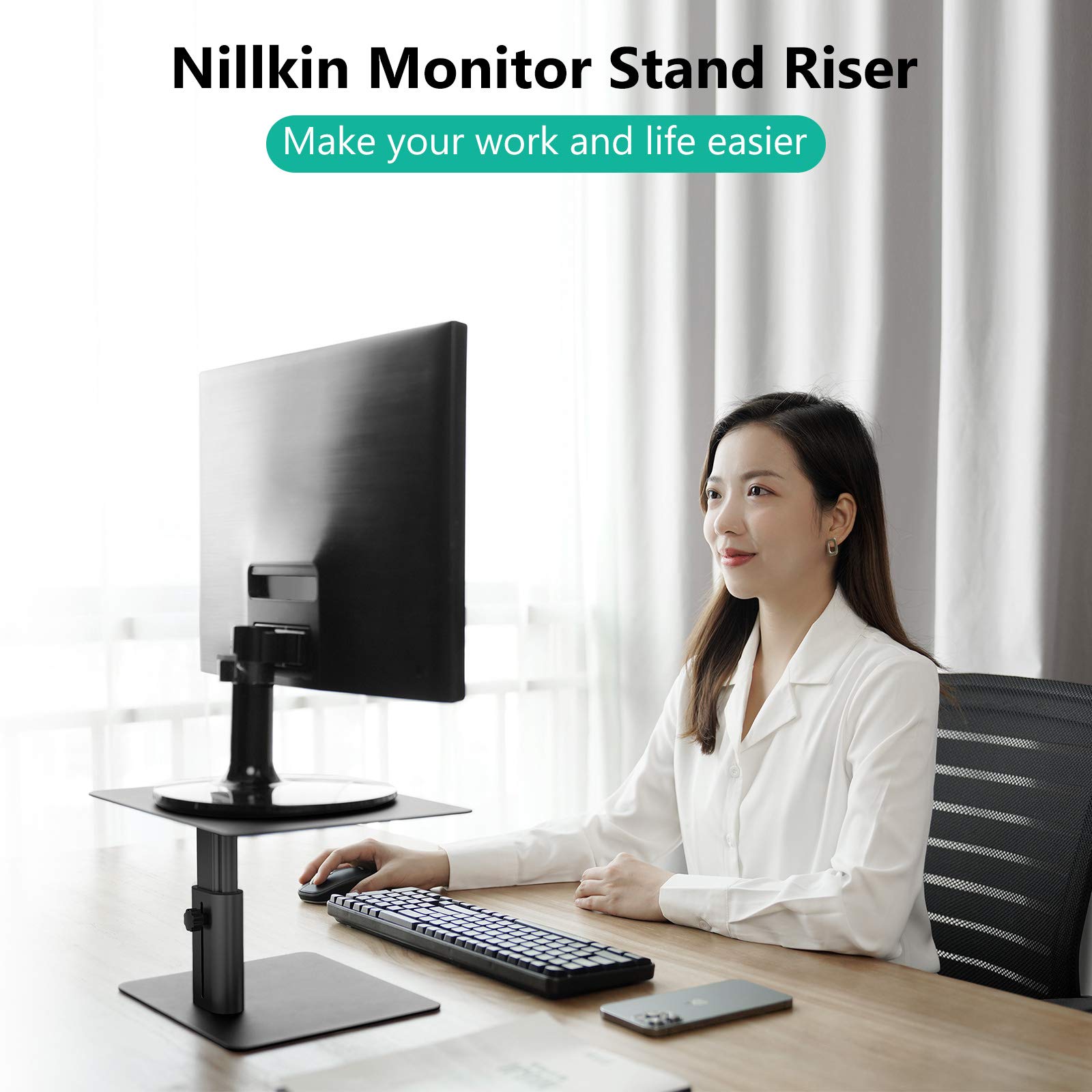 Nillkin Adjustable Height Monitor Stand Riser - Ergonomic Aluminum Computer Desk Holder for iMac, MacBook, Dell, HP, Lenovo & More - Perfect for Home Office & Workspace Setup (Black)