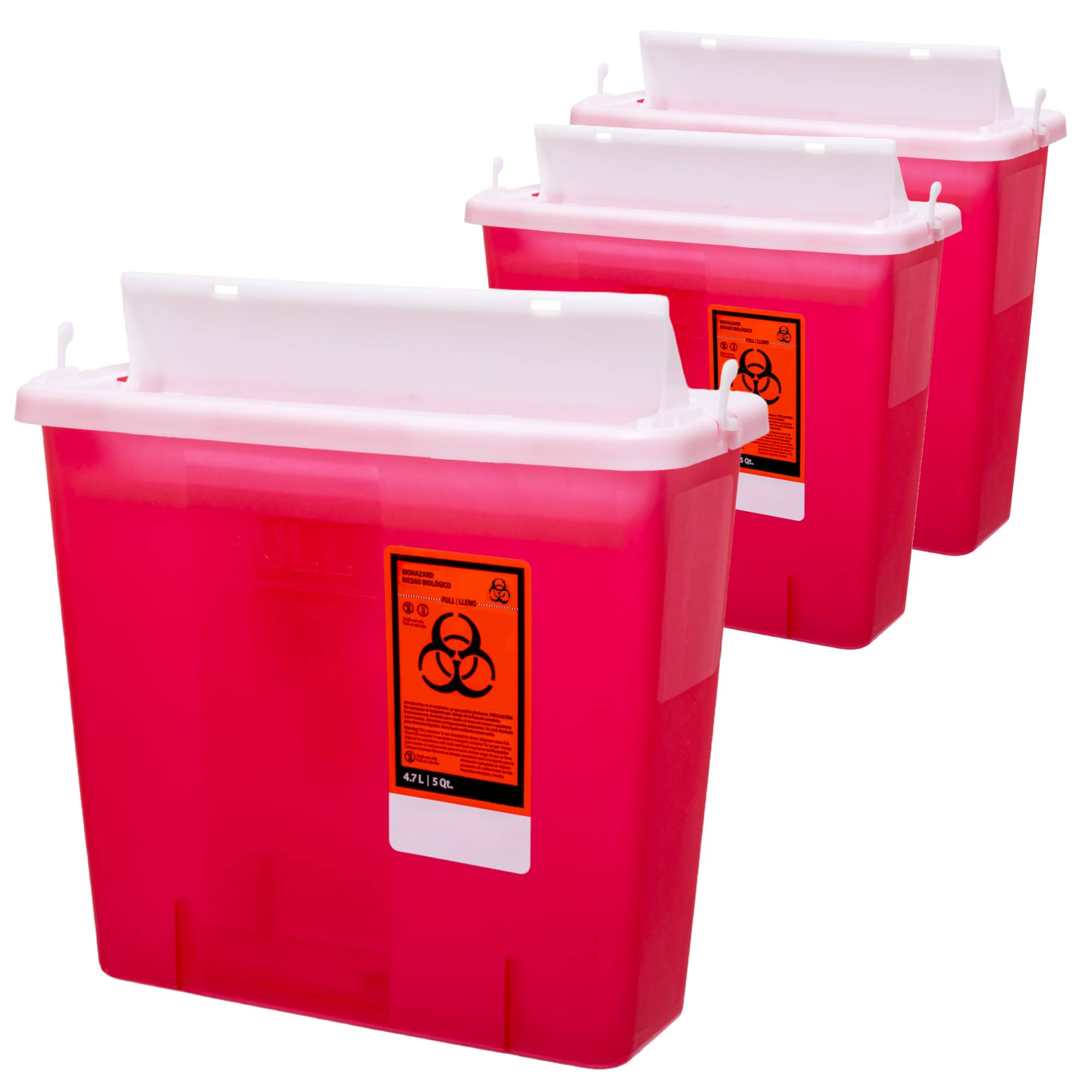 5 Quart Sharps Container with Mailbox Style Lid - Large Puncture-Resistant Needle Disposal Bin - FDA Approved for Home & Clinical Use (3 Pack) - Safe Syringe Storage for Diabetic, Tattoo & Veterinary Care