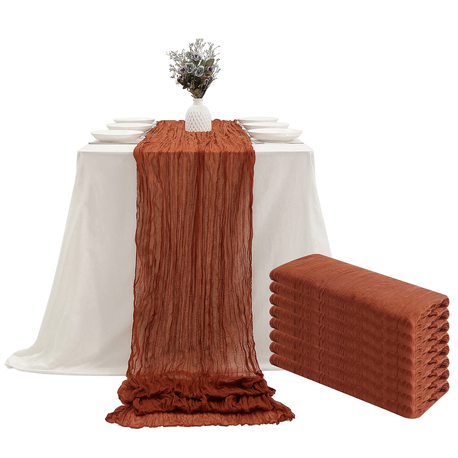 8PCS Boho Cheesecloth Table Runner Set - 13.3ft Rustic Gauze Table Decor for Thanksgiving, Weddings, Baby Showers & Parties | Elegant Sheer Fabric Runner for Cake Tables, Buffets & Holiday Decorations (160 Inches Long)