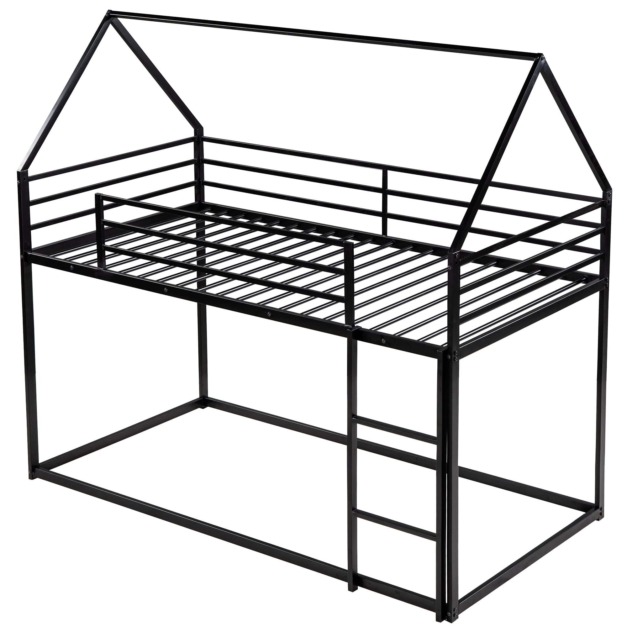 **Metal Twin Over Twin Bunk Bed with Roof - Sturdy House Bunk Bed for Kids & Toddlers - Black - Perfect for Kids' Bedrooms, Playrooms & Small Spaces**