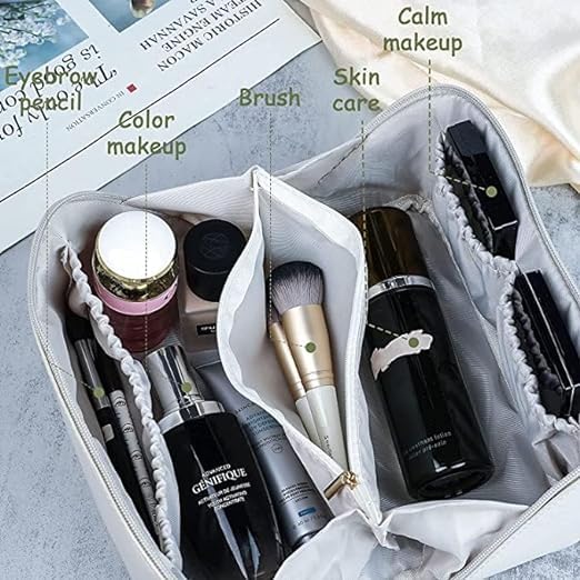Waterproof Leather Travel Makeup Bag for Women - Double Layer Cosmetic Organizer with Large Zipper Pouch | Portable Toiletry Bag for Girls | Perfect for Vacation, Gym & Daily Essentials (White)