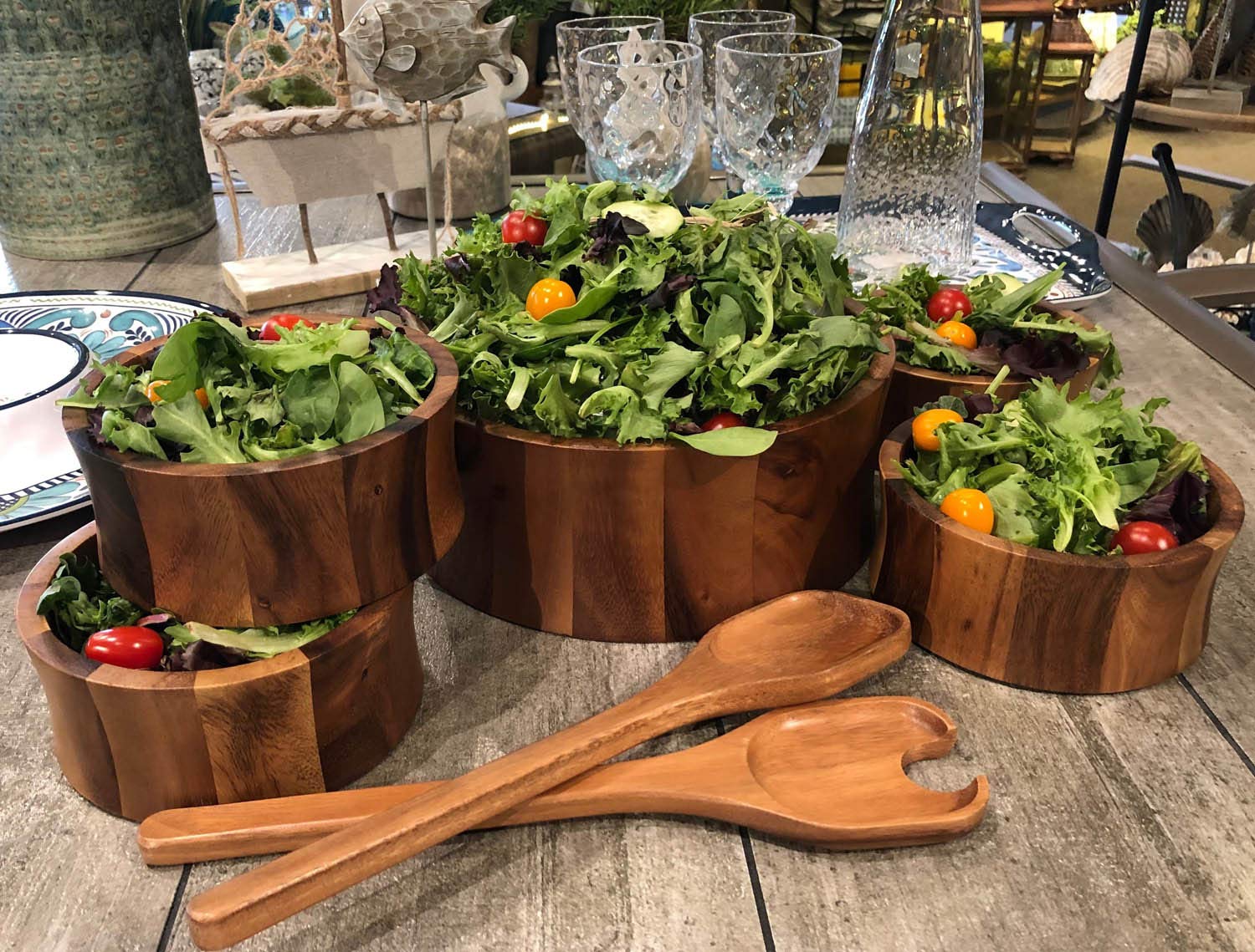 12-Inch Acacia Wood Curved Extra Large Salad Bowl Set with 4 Matching Bowls - Perfect for Family Dinners, Entertaining Guests & Healthy Meal Prep