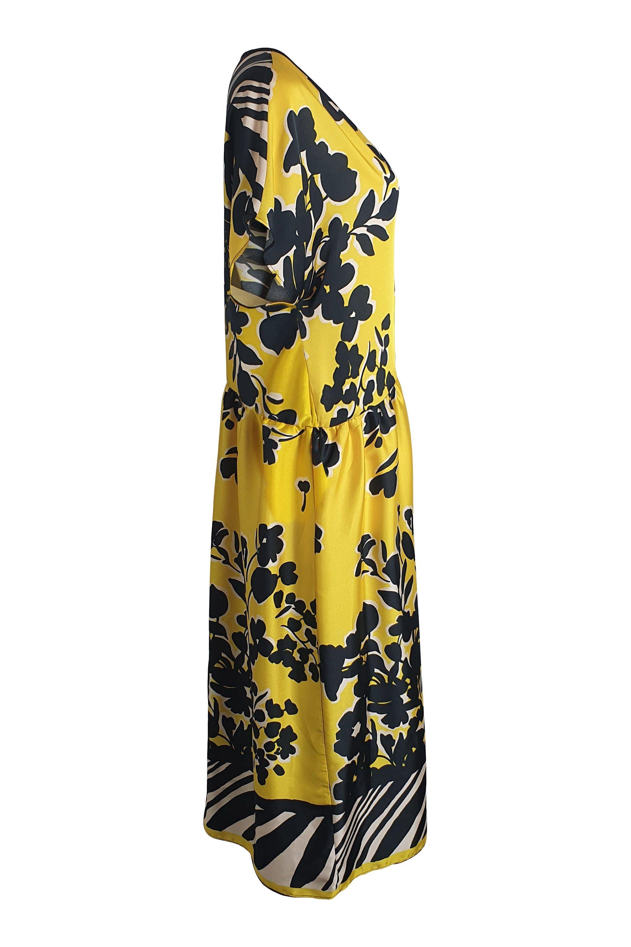 ALYSI CHOCOLAT Women's Yellow Short Sleeve Floral Print Midi Dress - Size IT 44 (US 12) | Summer Casual Dress for Beach, Party & Vacation Outfits