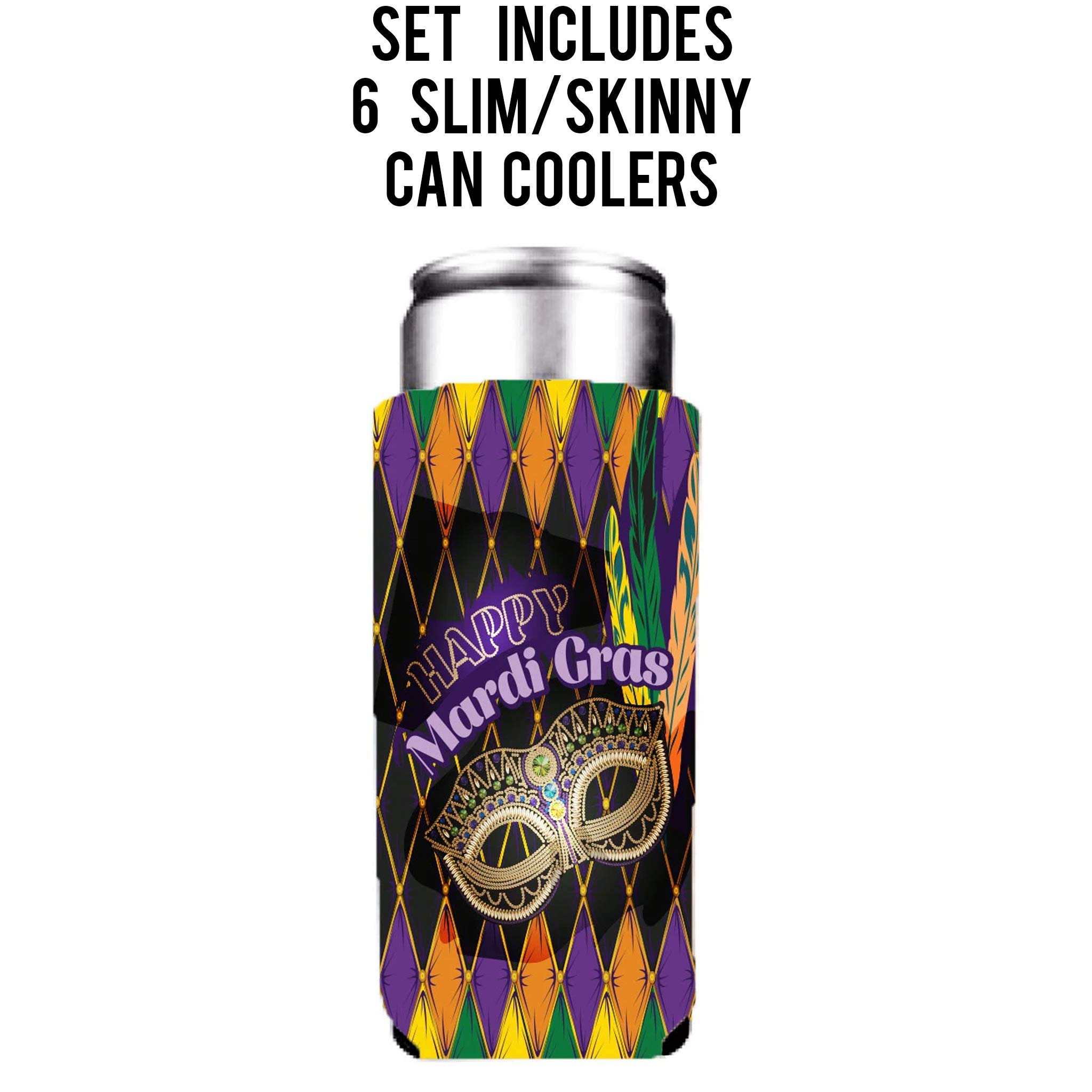 VictoryStore Mardi Gras Party Set - 6 Standard & 6 Slim Can Coolers, 2 Cornhole Boards & 8 Bags - Perfect for Masquerade Parties, Carnival Events & Backyard Tailgating Games