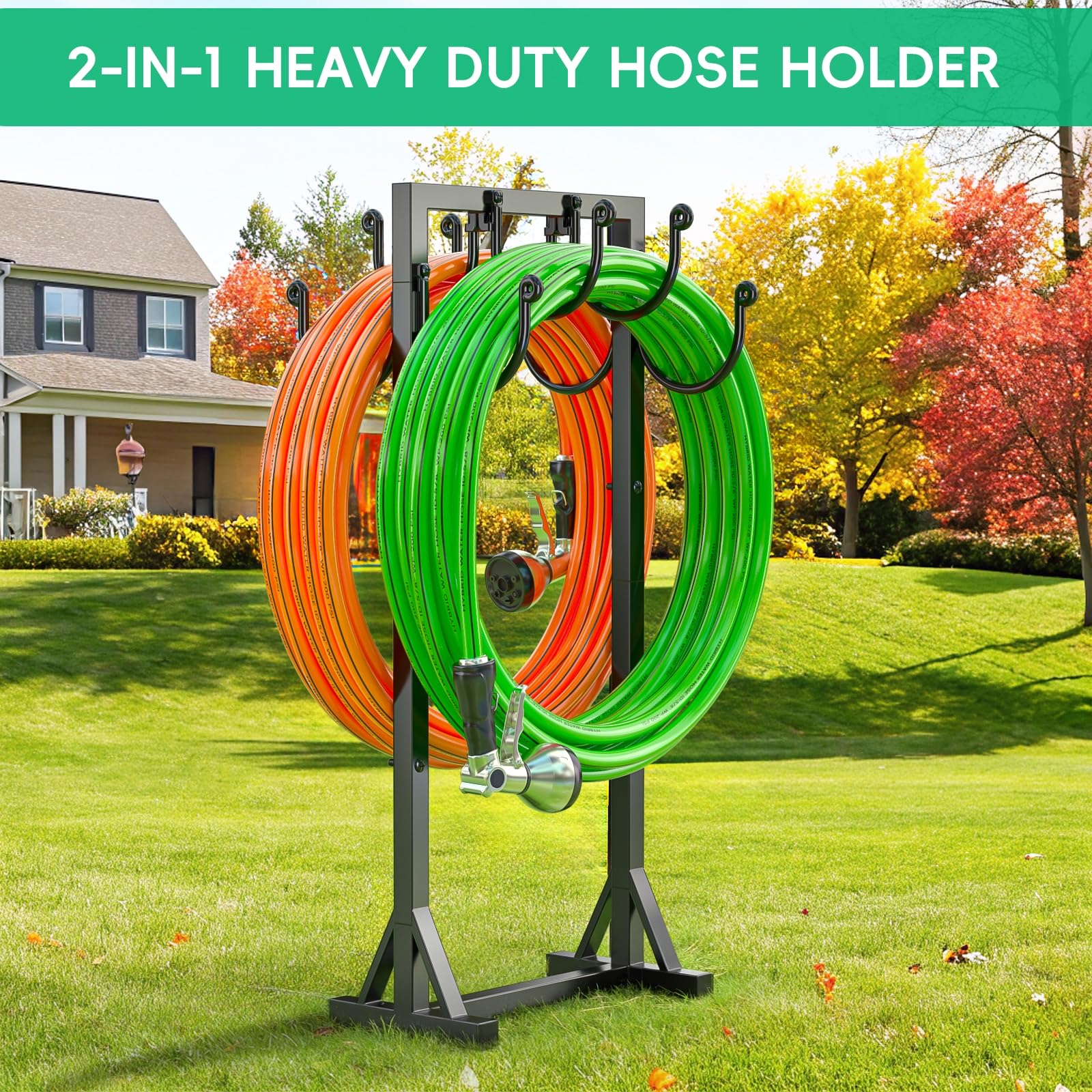 Kcysta Heavy Duty Freestanding Garden Hose Holder - Double-Sided Outdoor Metal Hose Stand Hanger Storage Rack for Yard, Lawn & Garden Watering - Perfect for Organizing Water Hoses in Backyard, Garage or Shed