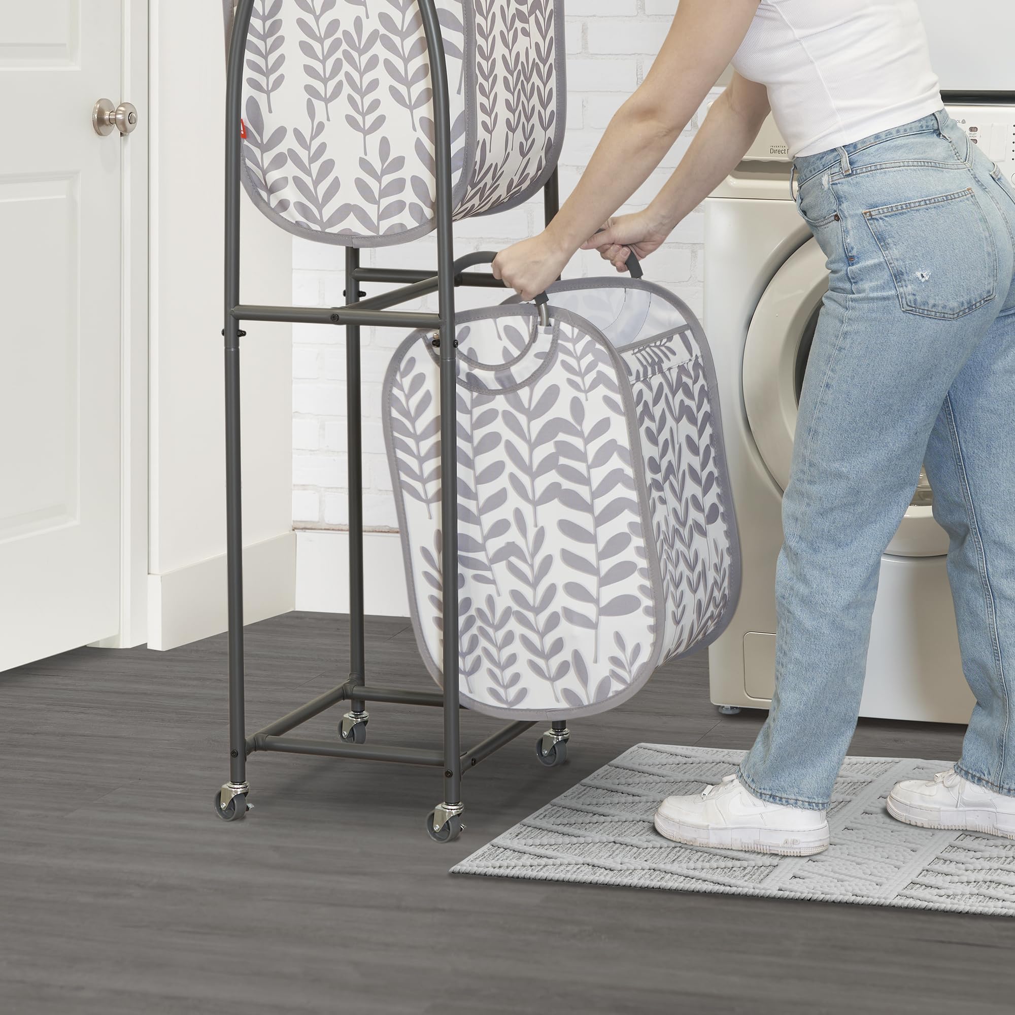 Neatfreak 2-Tier Rolling Laundry Hamper with Wheels & 2 Tote Bags - Foldable Clothes Organizer for Dirty Laundry, Towels, Blankets - Space Saving Storage Solution for Bedroom, Bathroom & Laundry Room - Modern Floral Design