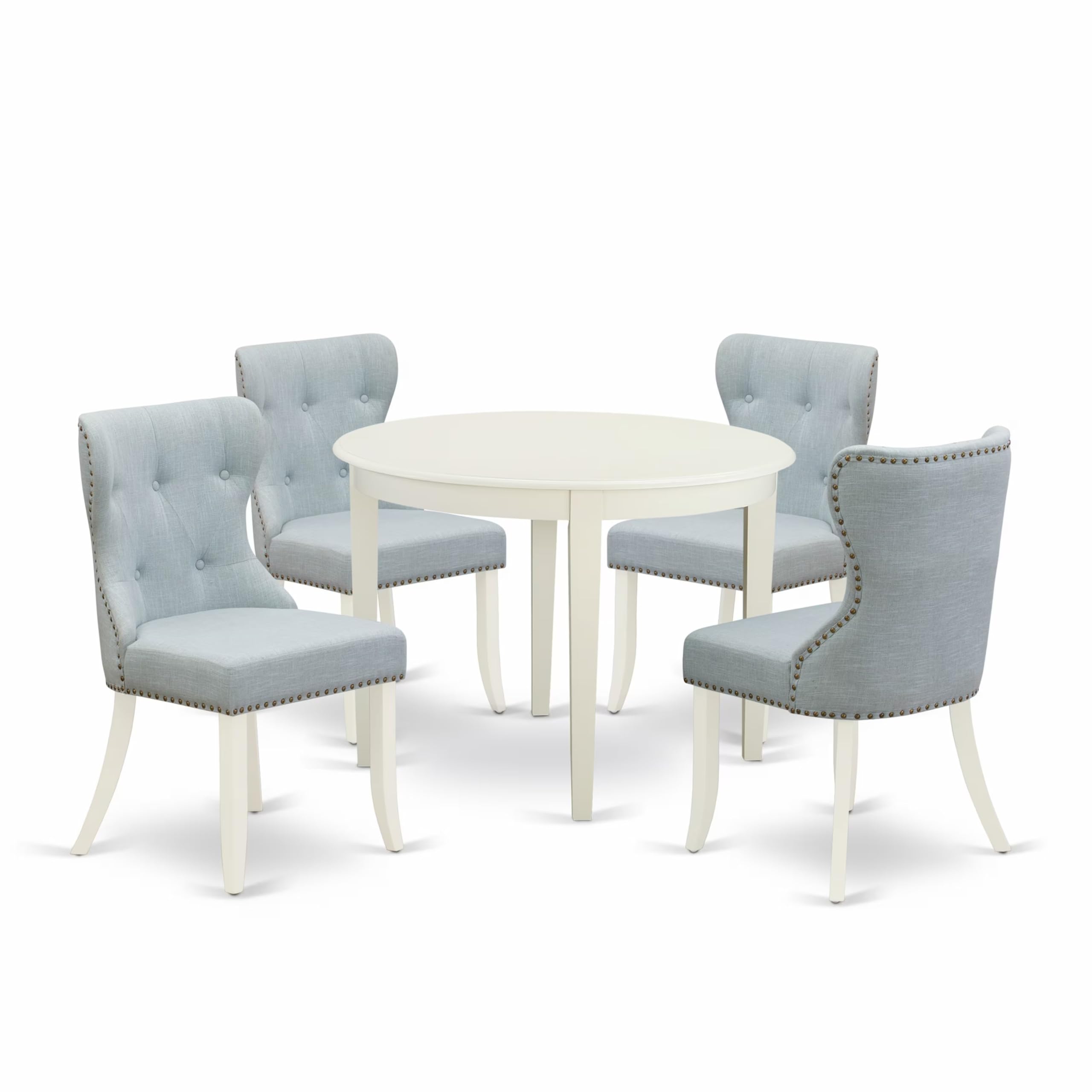 East West Furniture 5-Piece Round Dining Set for 4 - 42 Inch White Kitchen Table with 4 Baby Blue Linen Parsons Chairs - Perfect for Small Spaces, Breakfast Nooks & Cozy Family Meals