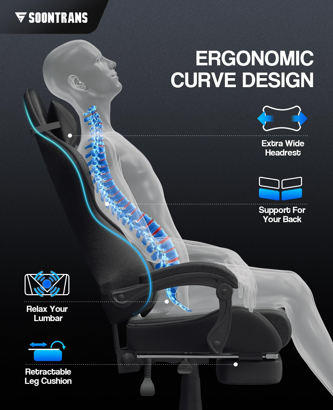 Soontrans Black Gaming Chair with Footrest - Ergonomic Computer Office Chair with Adjustable Headrest & Lumbar Support for PC Gamers - Perfect for Home Gaming Setup & Workstation (Dark Black)