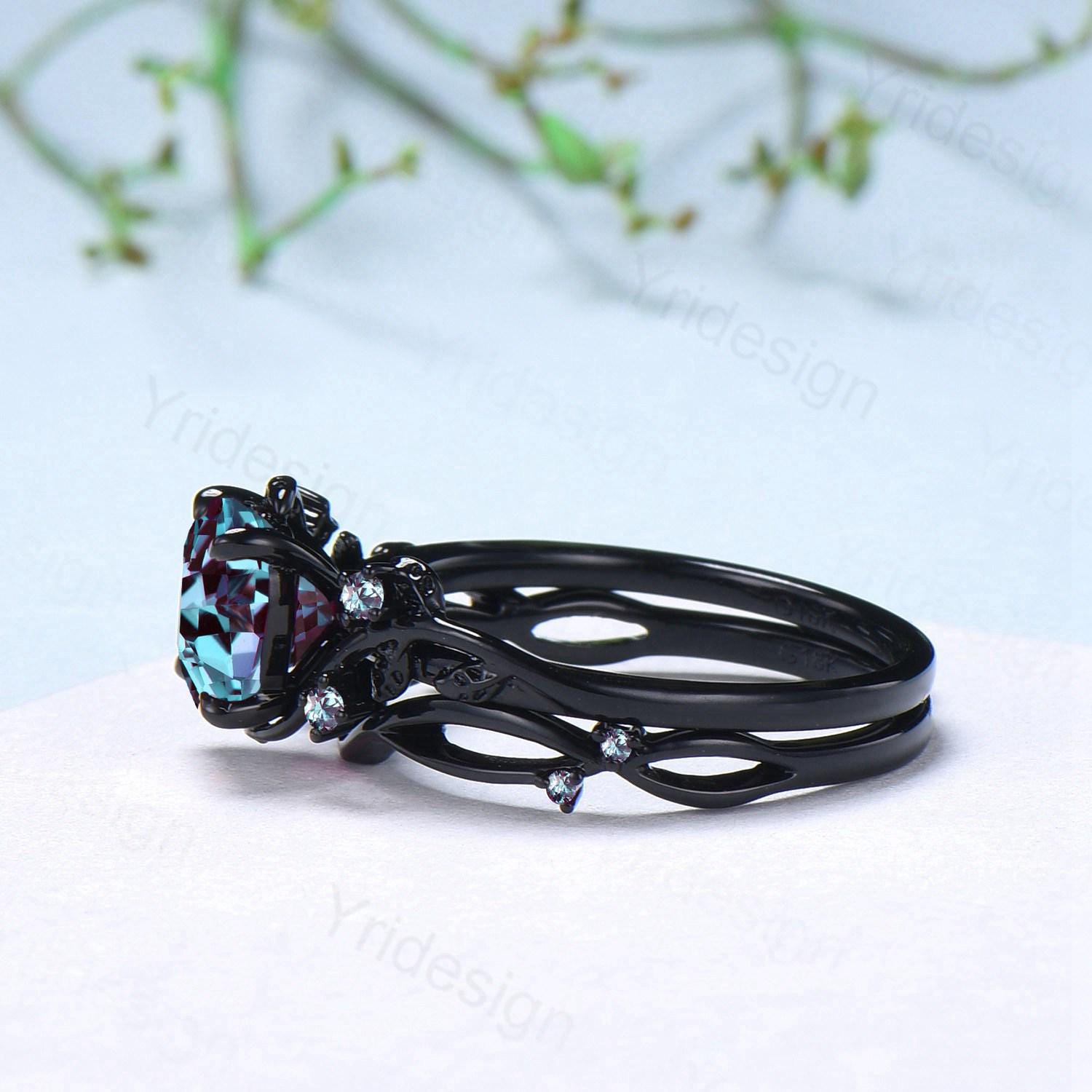 Unique Gothic Alexandrite Wedding Ring Set - Black Gold Cushion Cut Evil Eye Engagement Ring for Women | Nature-Inspired Bridal Jewelry for Weddings & Special Occasions
