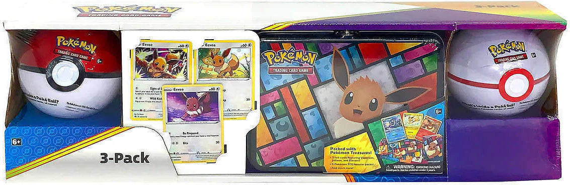 3 Pack Eevee Treasure Chest & Poke Ball Tins - Pokemon Collectible Storage Boxes for Trading Cards, Toys & Memorabilia - Perfect for Gifts, Display & Organizing Your Pokemon Collection