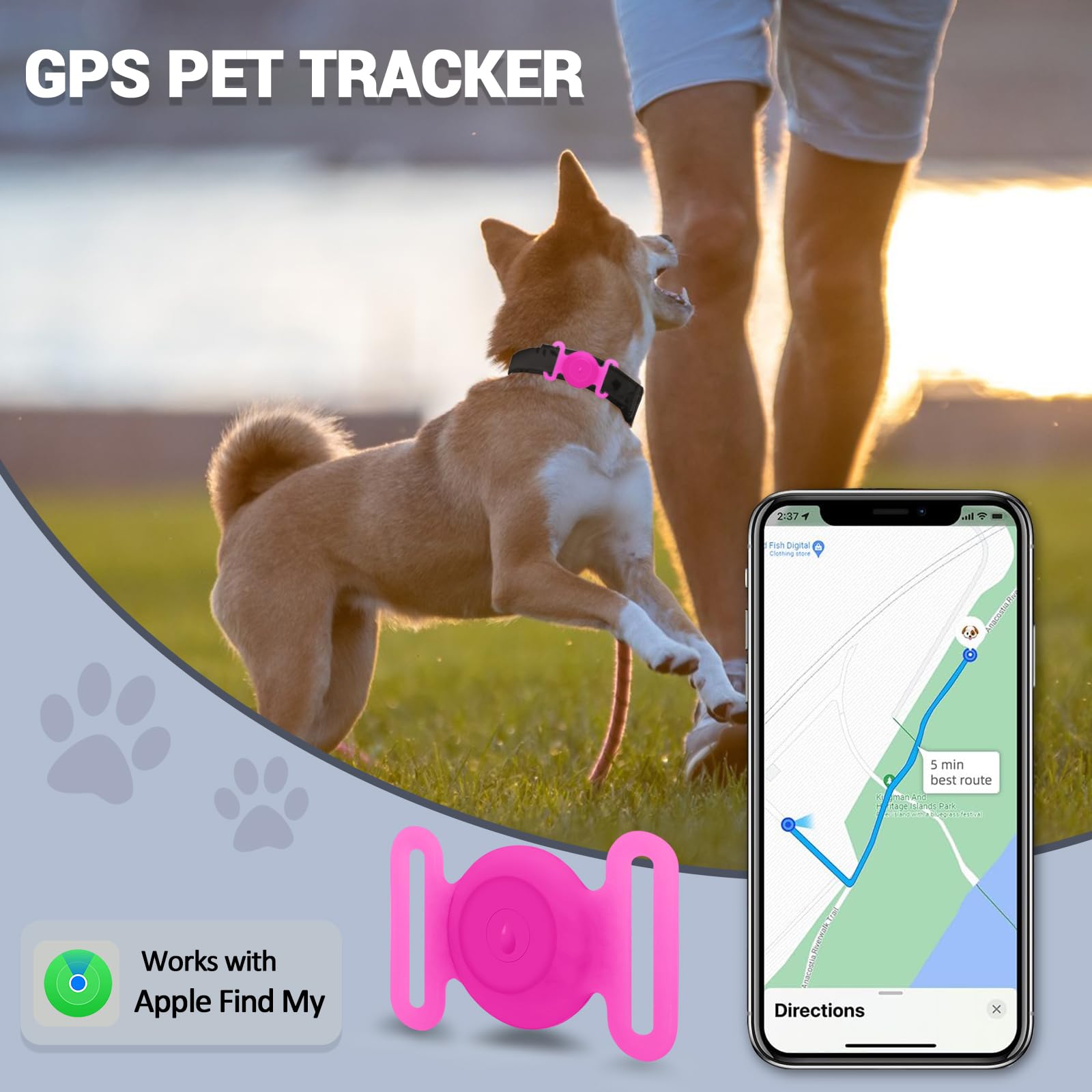 **Mini GPS Tracker for Dogs & Cats - IPX8 Waterproof Pet Locator with Holder, No Monthly Fee, Apple Find My Compatible (iOS) - Smart Pet Finder for Outdoor Adventures, Travel & Daily Safety (Glow-Pink)**
