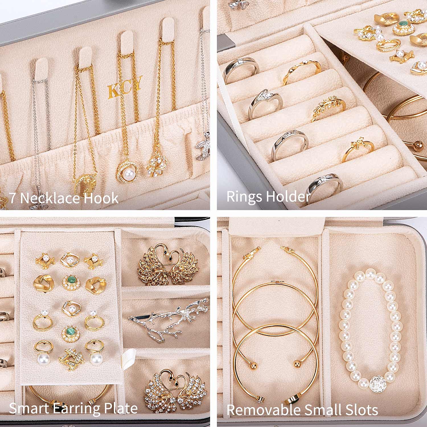 KCY Women's Travel Jewelry Organizer Box - PU Leather Portable Jewelry Case for Earrings, Necklaces, Rings & Bracelets - Compact Jewelry Storage Display Holder - Perfect Gift for Women & Girls (Grey) - Ideal for Travel, Home Organization & Daily Jewelry Protection
