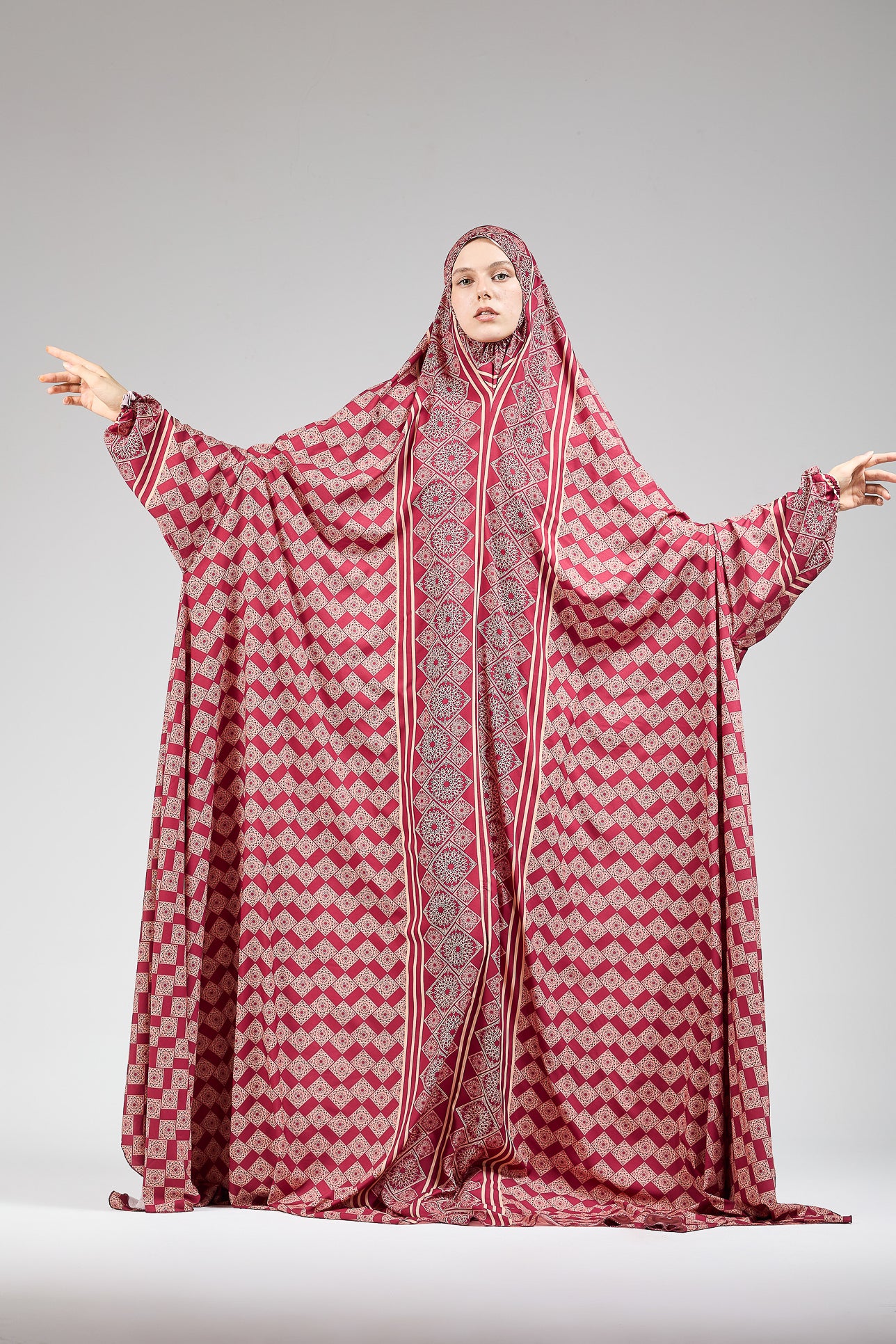 Basira Satin Prayer Gown with Geometric Floral Print - Modest Islamic Dress for Hijab Wearers - Perfect for Salah, Eid, and Special Occasions