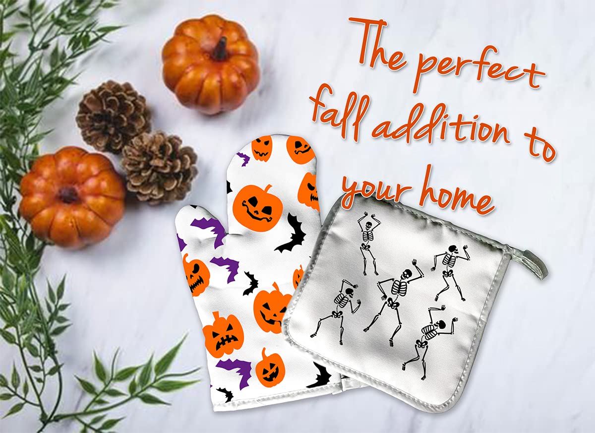 Decorative Cloth Kitchen Oven Mitt & Pot Holder Set - Autumn Fall Halloween Theme | Rustic Harvest Pumpkin Spice Coffee Design | Seasonal Home Decor for Thanksgiving & Holiday Cooking | Perfect for Baking, Roasting & Hosting Gatherings