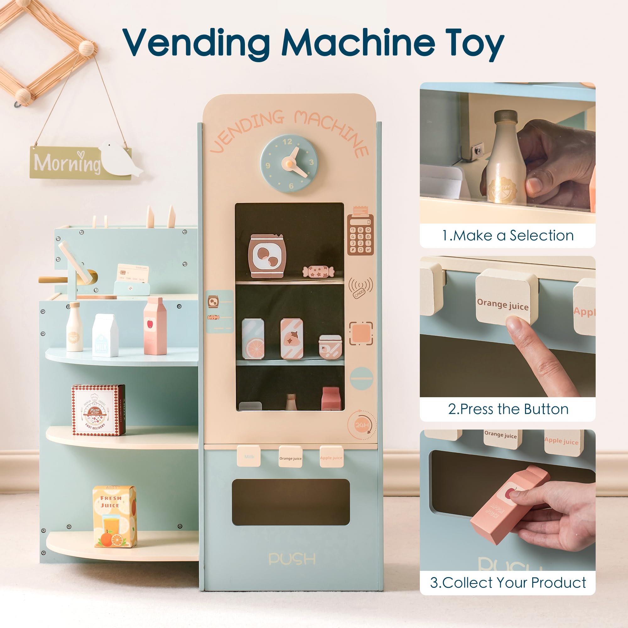 ROBOTIME Kids Pretend Play Supermarket Toy Set with Checkout Counter, Vending Machine, Coffee Maker & Cutting Food - Interactive Grocery Store Playset for Toddlers Boys & Girls - Perfect for Role Play, Learning & Family Fun