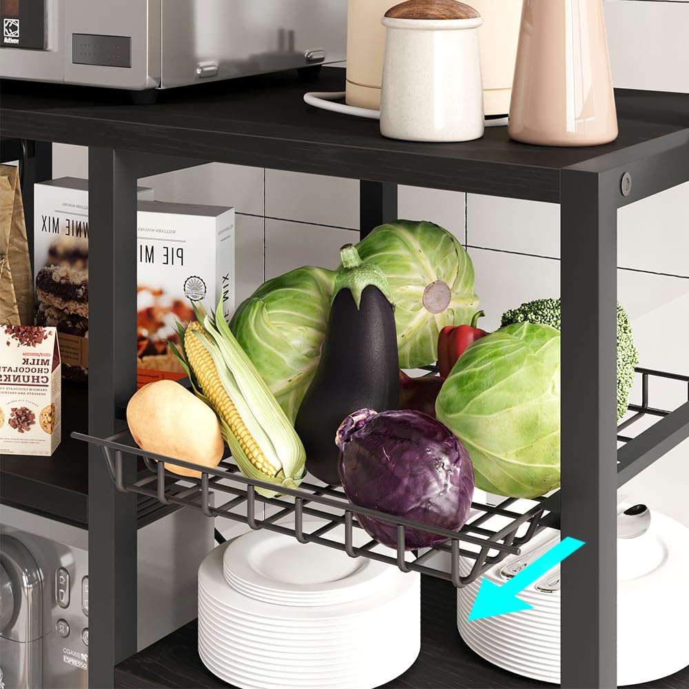 GAOMON 6-Tier Bakers Rack with Power Outlet & Wire Baskets - Freestanding Kitchen Storage Shelf for Microwave, Spices & Cookware - Retro Black Utility Shelf for Small Spaces & Apartment Living