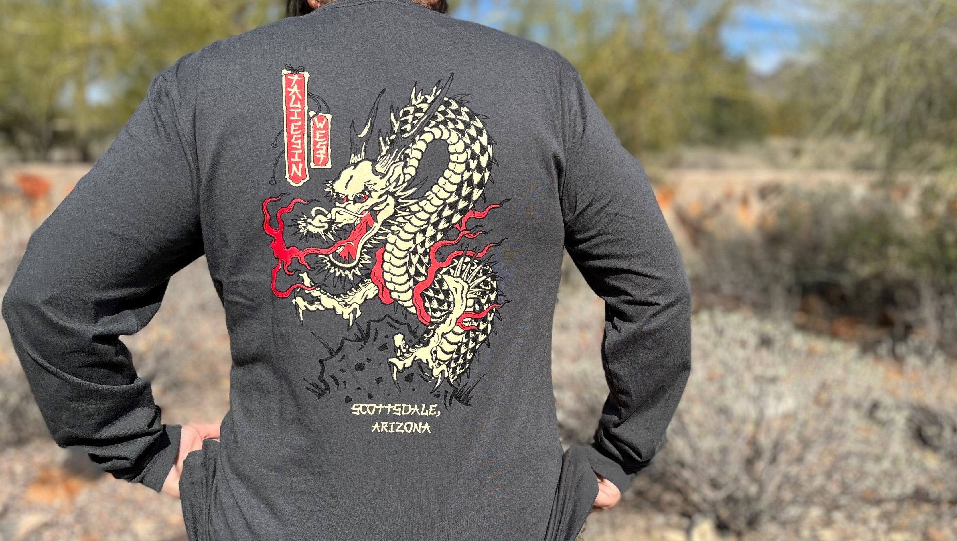 Taliesin West Long Sleeve Dragon Print T-Shirt for Men | Vintage Graphic Tee | Casual Wear & Street Fashion
