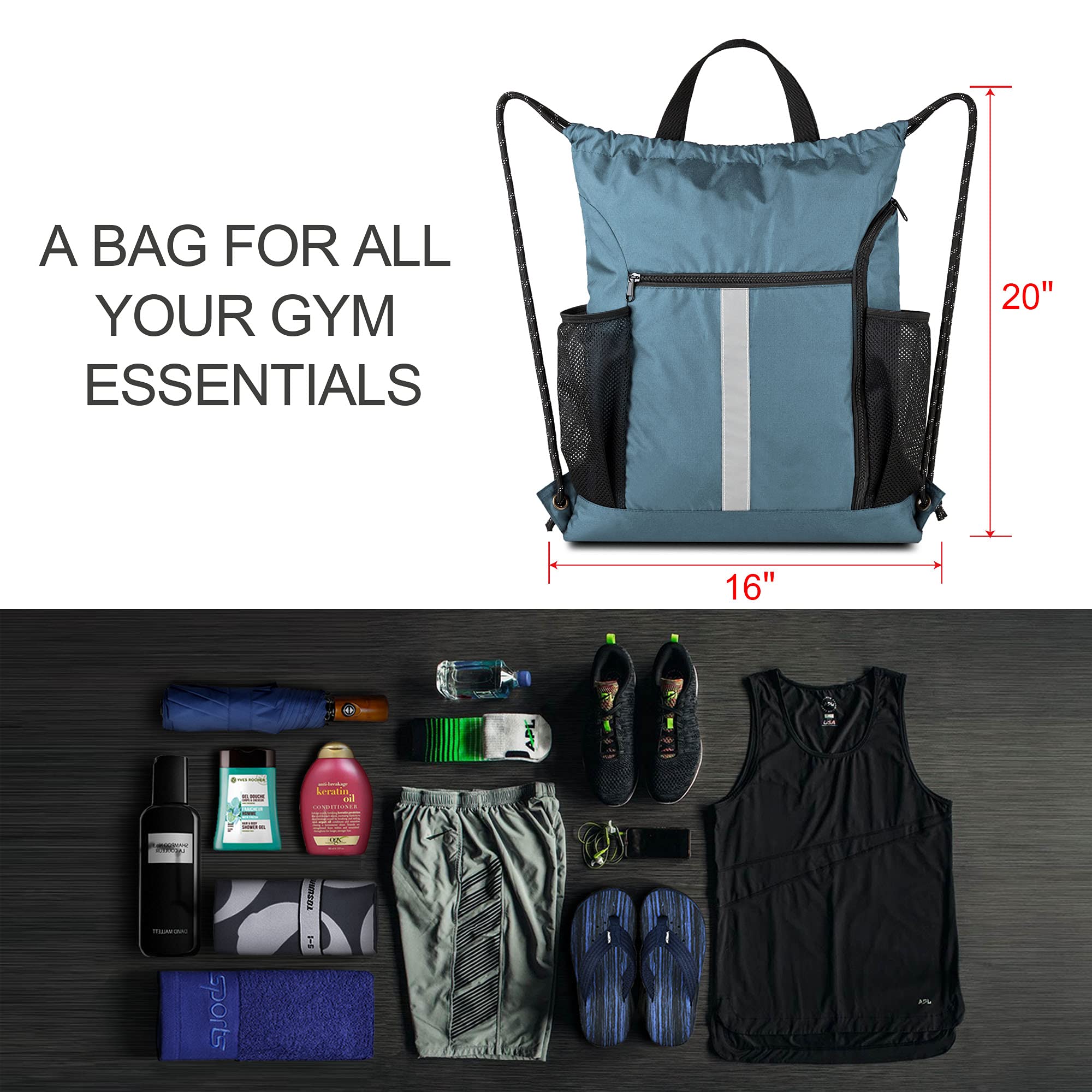 BeeGreen Drawstring Backpack - Lightweight Sports Gym Bag with Shoe Compartment & Dual Water Bottle Pockets | Perfect for Workout, Travel & School | Durable & Water-Resistant for Active Lifestyles