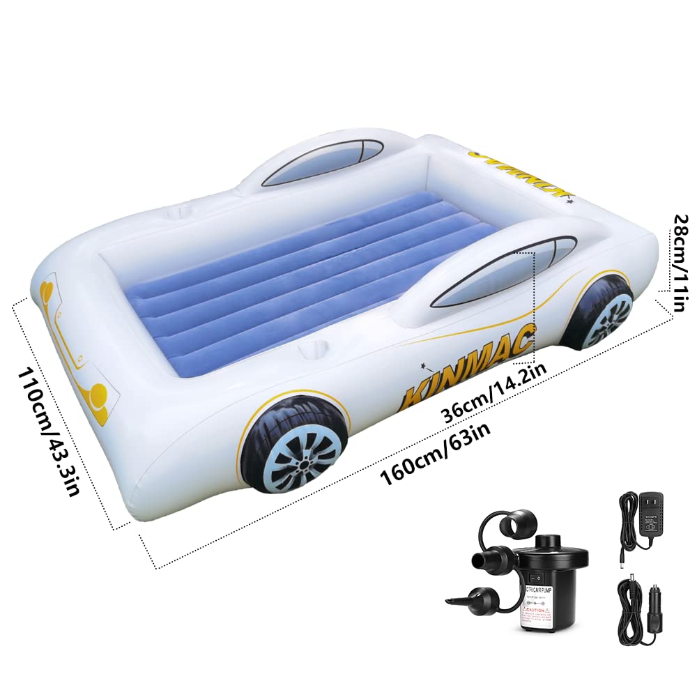 Inflatable Toddler Travel Bed - Portable Air Mattress for Kids Camping, Sleepovers & Road Trips | Racecar Design with Safety Sides | Blow Up Sleeping Pad for Indoor & Outdoor Use (Blue)