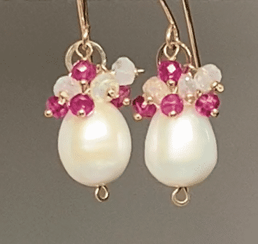 Exquisite Pearl Earrings with Ruby & Opal Accents - 14K Gold Fill Jewelry for Women - Perfect for Weddings, Parties & Special Occasions