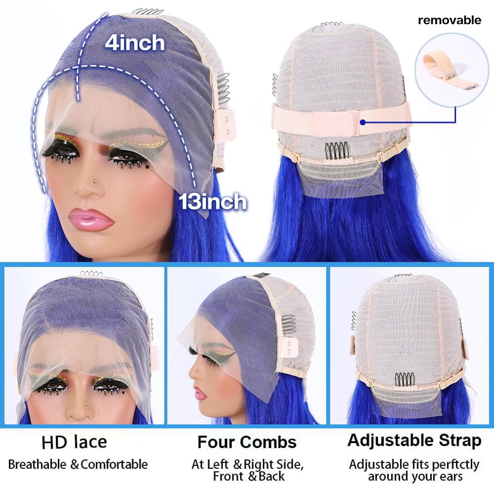13x4 HD Lace Front Blue Human Hair Wig - Pre Plucked Bob Wig with 180% Density | Glueless Brazilian Short Bob Wigs for Black Women | Natural Hairline & 12 Inch Length | Perfect for Cosplay, Daily Wear & Special Occasions