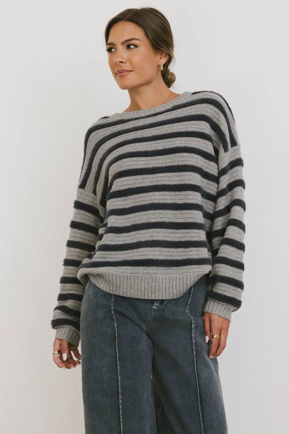 Azuline Striped Sweater Women's Grey Knit Pullover - Cozy Casual Winter Wear for Office & Weekend Outings