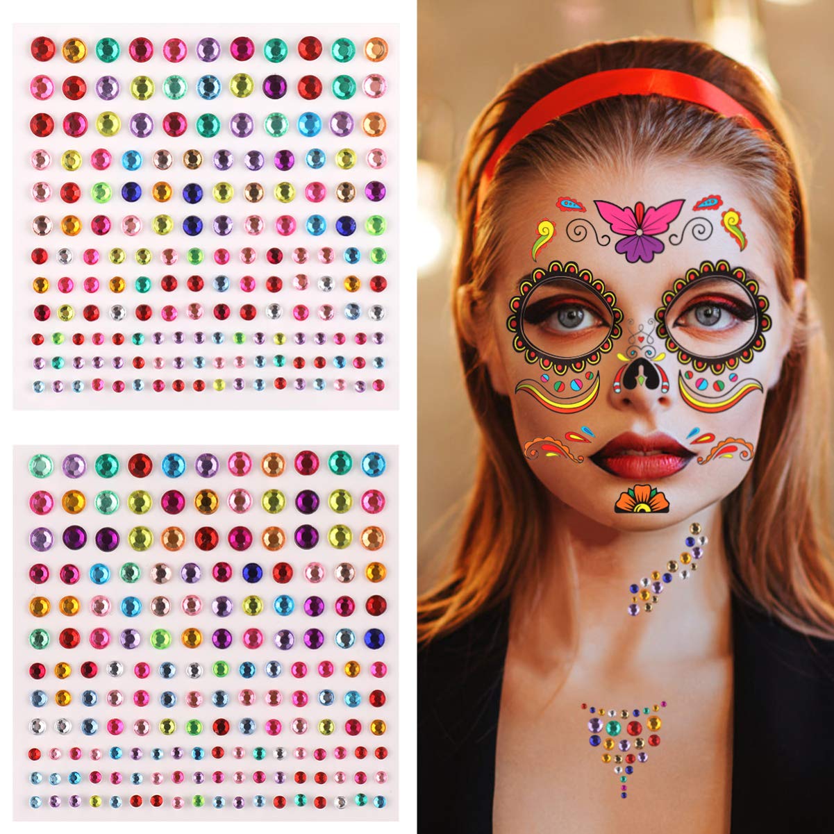 FRCOLOR 10 Sheets Halloween Temporary Tattoos - Day of The Dead Face Tattoos with Skull & Rhinestone Designs for Cosplay, Parties & Makeup | Perfect for Halloween Costumes, Festival Body Art & Themed Events